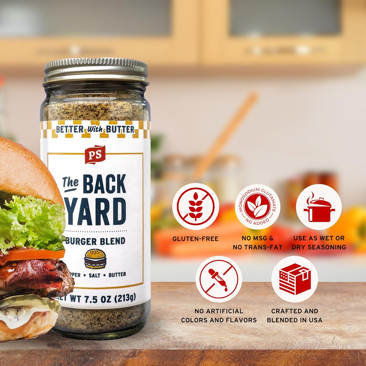 PS Seasoning The Backyard Better Burger Seasoning - Smash Burger and Steak Seasoning for Grilling - All-Purpose SPG Spice Rub Blend with Butter - Great for BBQ, Patties, Steaks, Chicken, Veggies, 7.5oz - Image 2