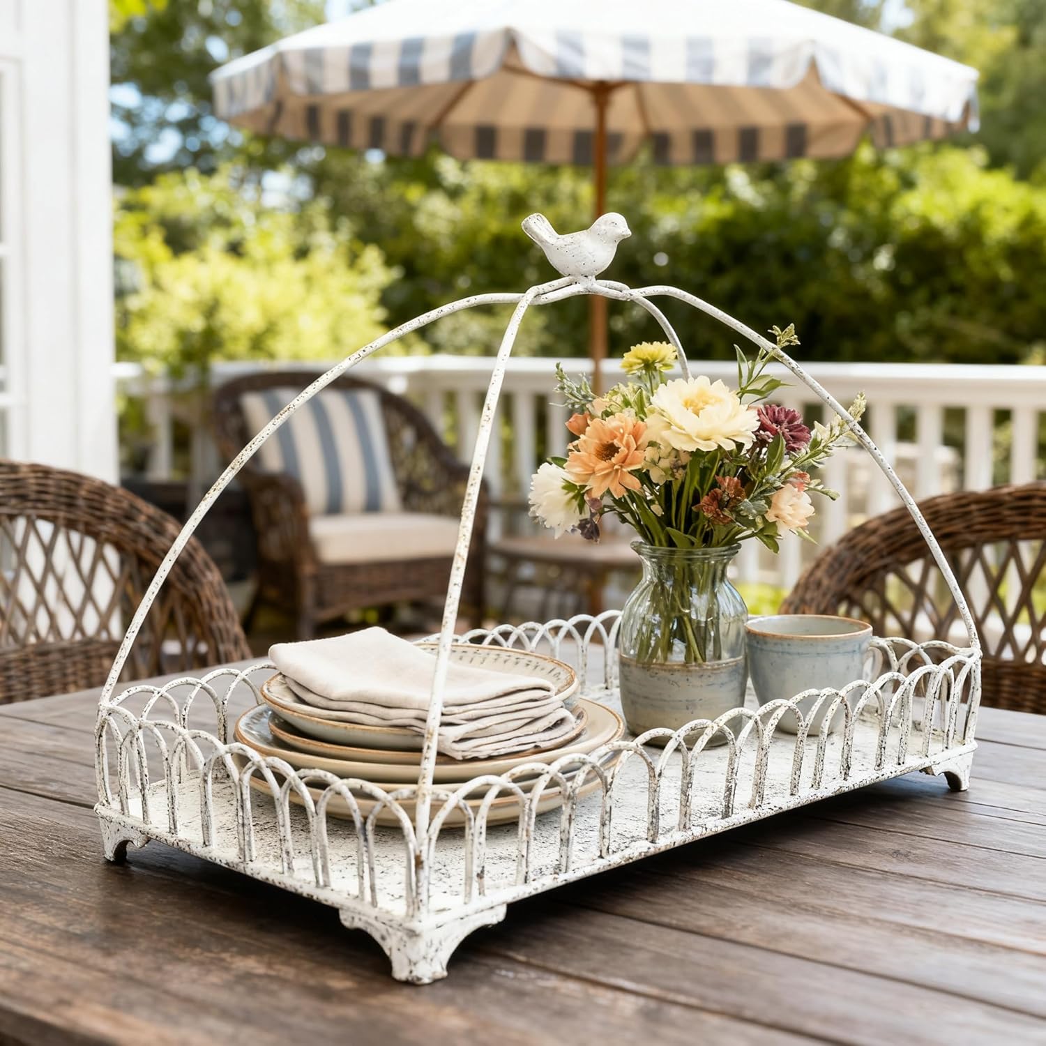 Rustic White Iron Decorative Trays with Bird Handle, Set of 2 Vintage Farmhouse Storage Trays for Home Decor, Bathroom Organizer, Vanity Tray, Living Room & Kitchen Accent Pieces