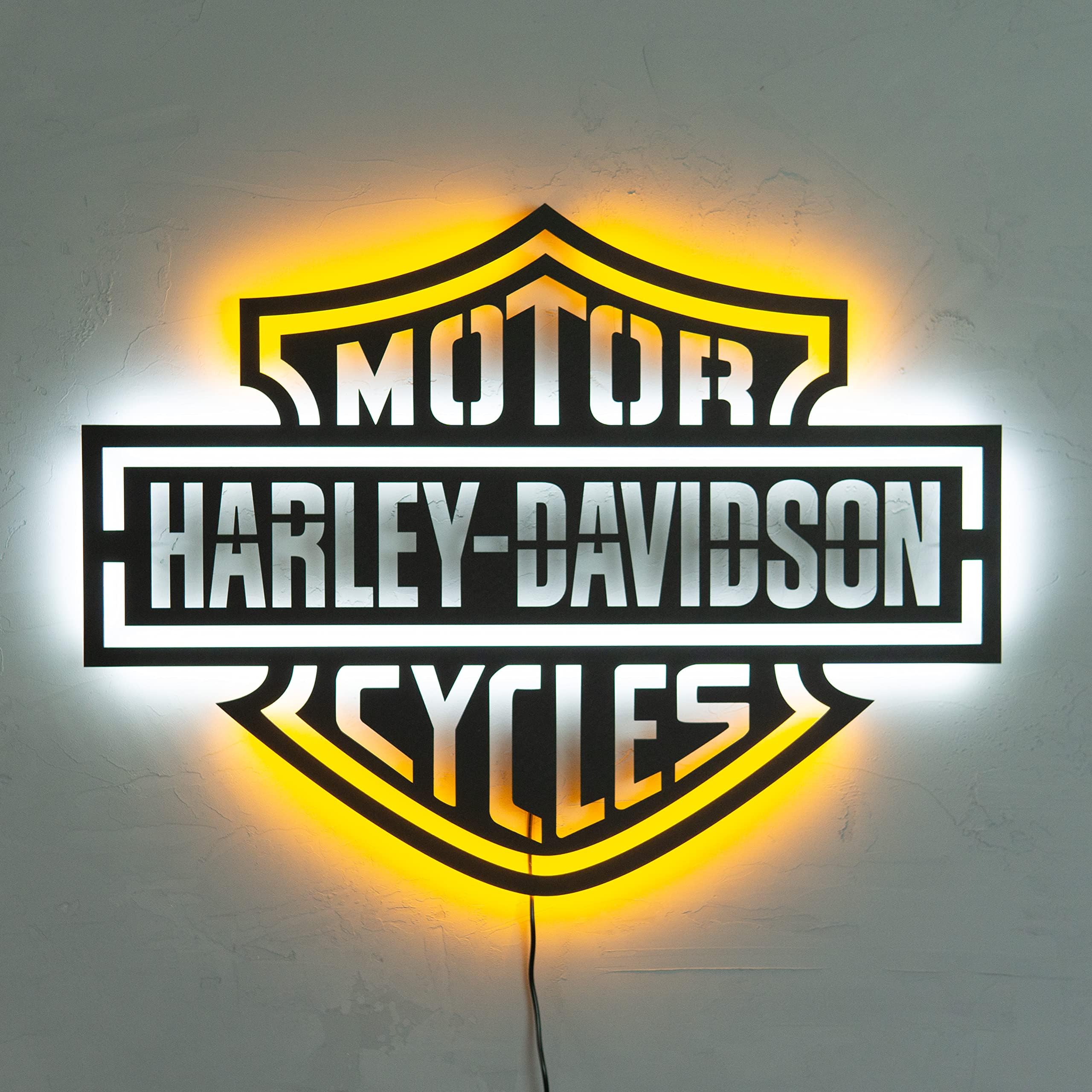 Harley Davidson Wall Sign - Led Illumination - Garage Sign - Wall Art Orange White (20x15") (20x15")