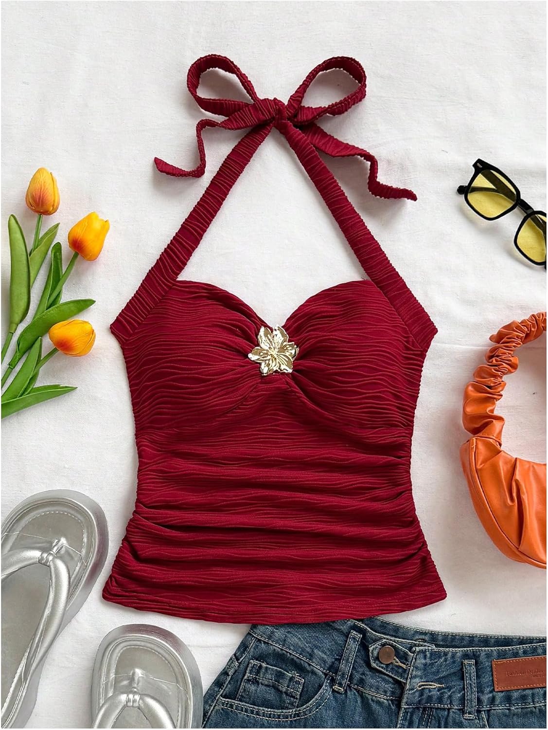 SOLY HUX Women's V Neck Halter Tops Open Back Y2k Ruched Floral Metal Summer Going Out Cami Tops - Image 4