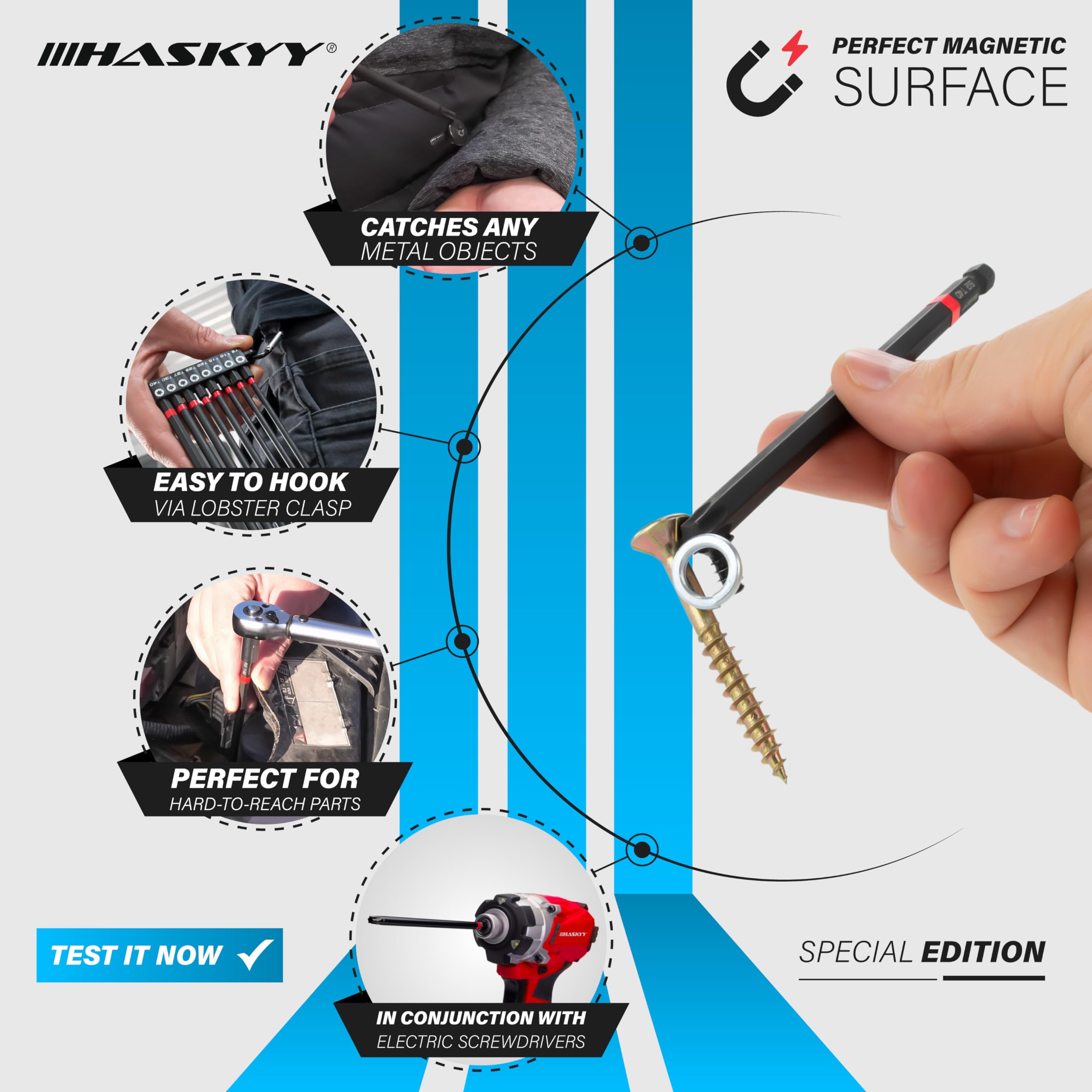 HASKYY Set Punte Torx da 1/4 Pollici, Lunghezza 150 mm, T8 - T40, Punta Lunga Torx Magnetica, 8 Pezzi, Batteria per cacciavite, Nero, Set di Punte esagonali