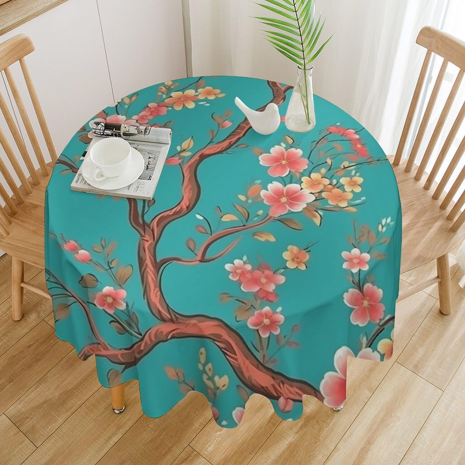 Nappe ronde imperméable fleurie turquoise 152cm pour table de salle à manger