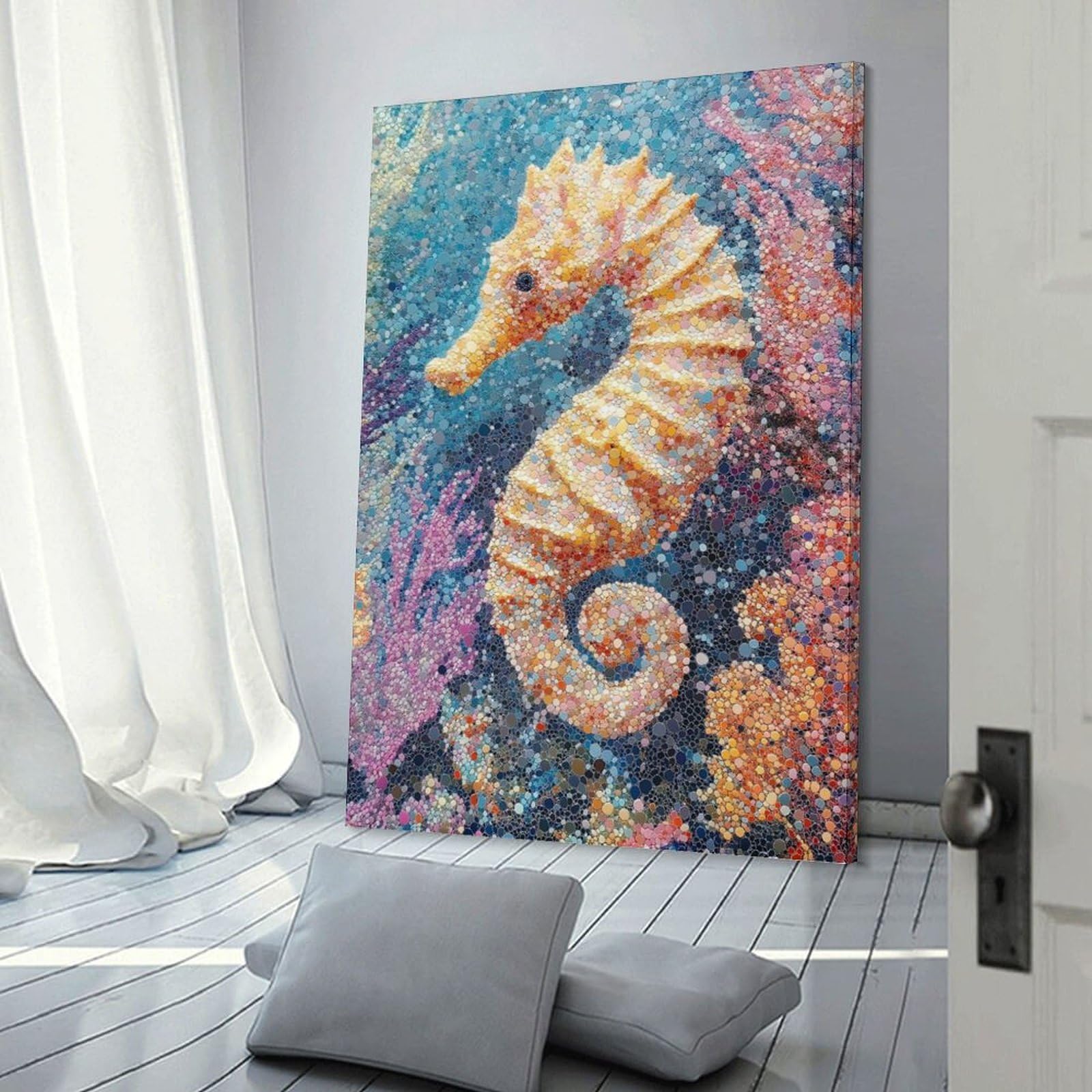 Junmoney Canvas Art Print Seahorse Mosaic Art, 20x30inch(50x75cm), for Office, Study Or Home Workspace, Decorative Artwork for Productive Spaces