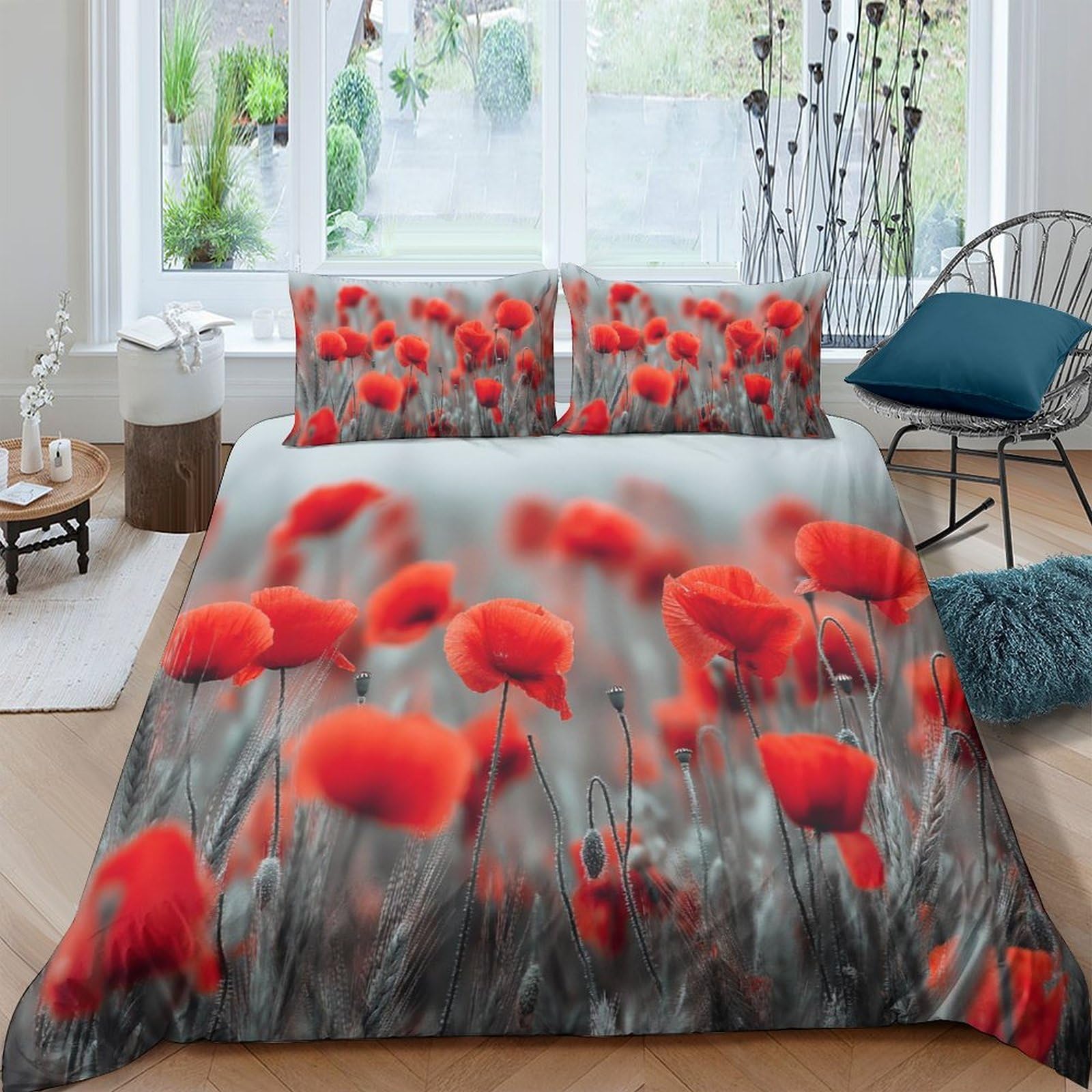 Ctjqhvkz Style-4 3D Printed Red Poppy Meadow Fitted Sheet Microfiber Soft Breathable Grey Field Bed Cover For Bedroom Dorm Decor Mattress Protection Single（135X200cm）