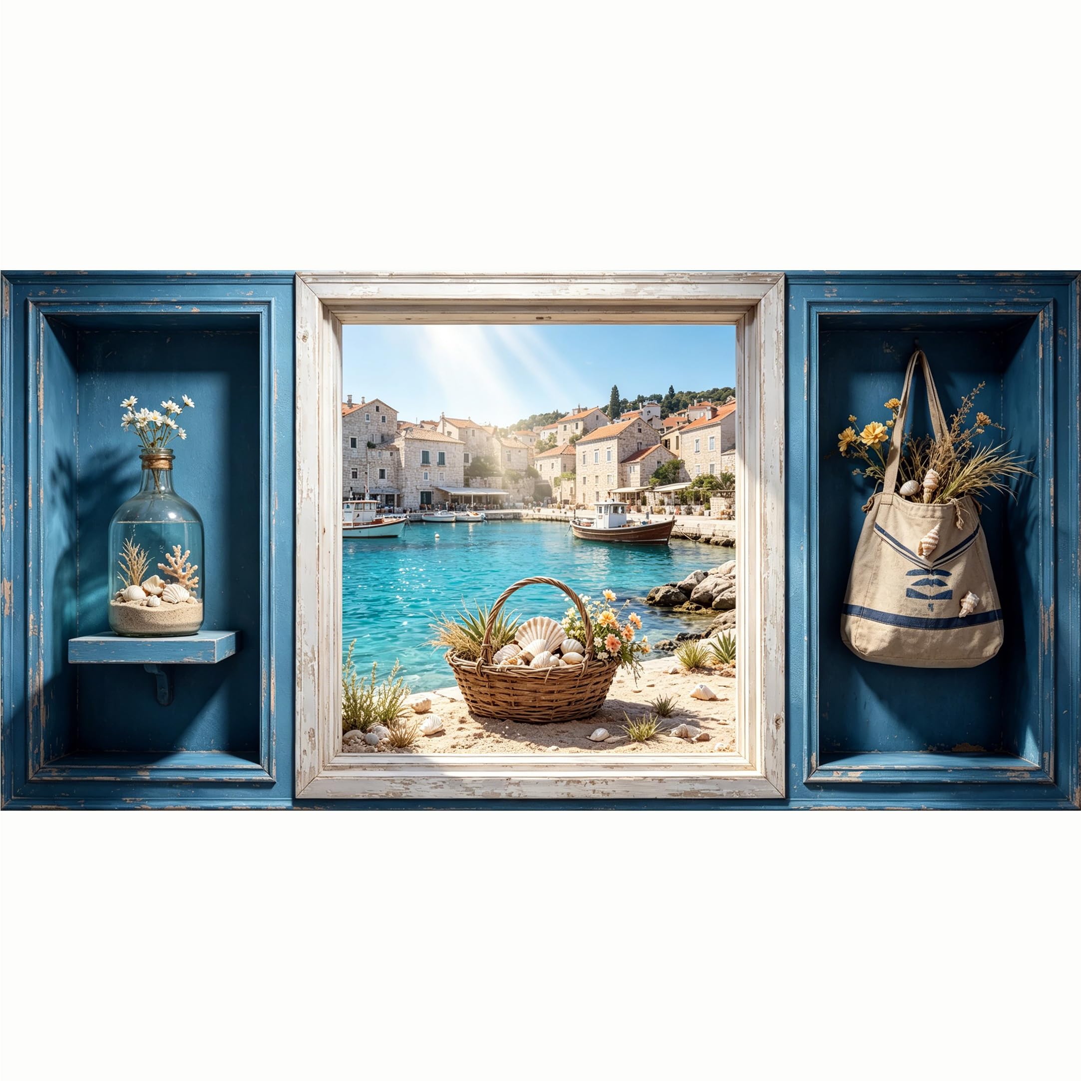 QZLITHOTIC 50x100cm 3D Framed Wall Art， Mediterranean Coastal Harbor Shell Basket Window View Self‑Adhesive Mural， Water‑Activated Peel & Stick Fabric Decor Wall Decal for Bedroom Living Room