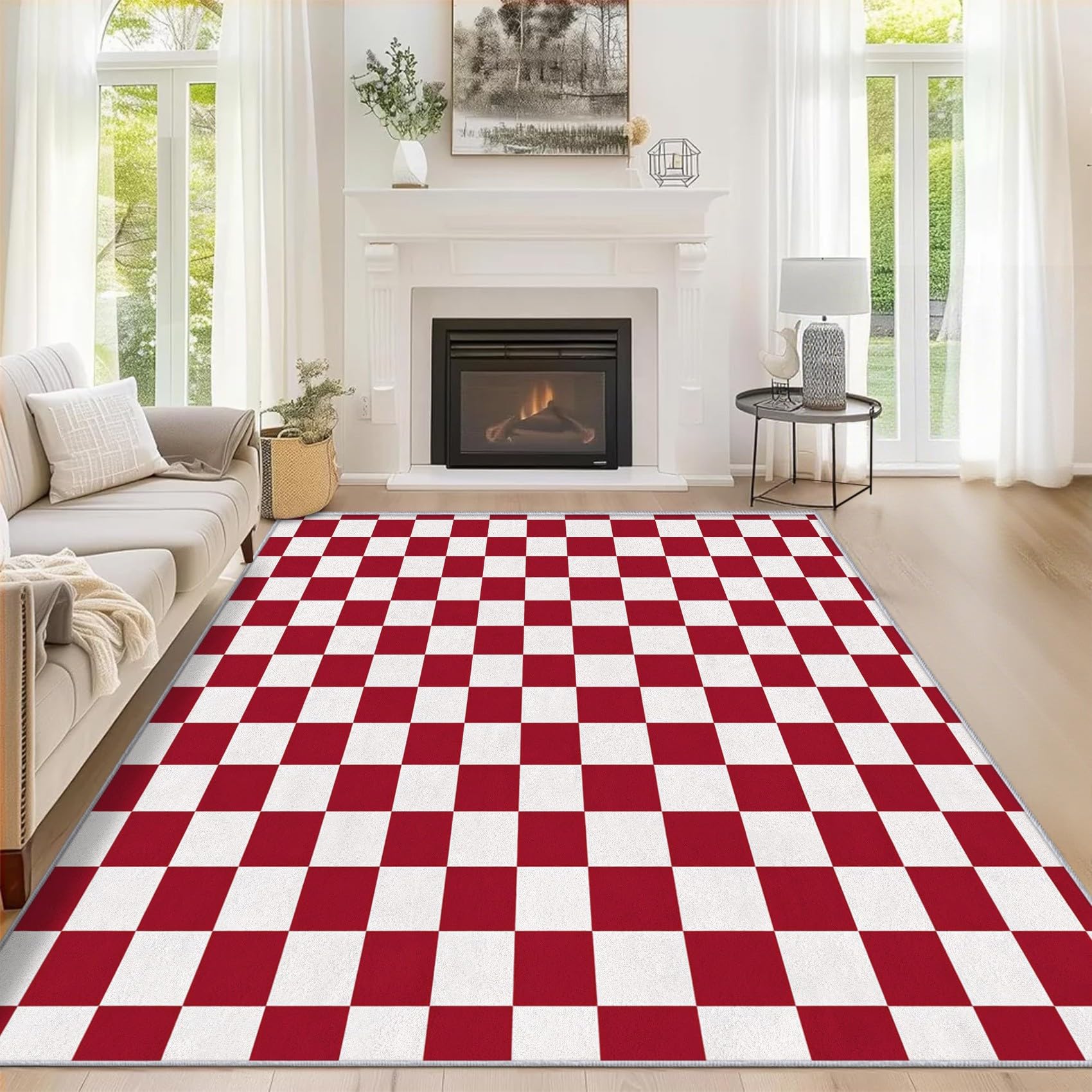 Générique Tapis Entree Interieur Damiers Rouge et Blanc, Petit Tapis Motif Moderne À Carreaux Chambre 60 x 90 cm, Antidérapant Lavable Doux à Poils Ras, Decoration Maison, Rouge Blanc O-fd16