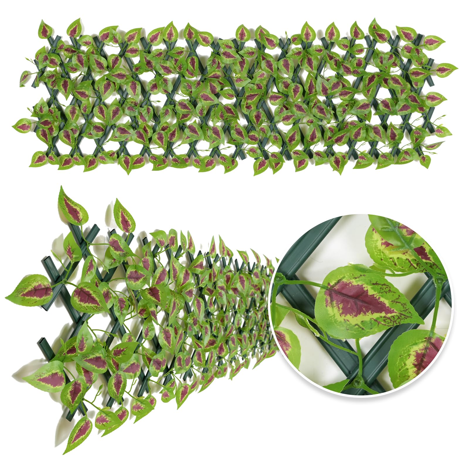 Expandable Garden Fence Panels - Privacy Screen with Faux Ivy & Greenery - 200x30cm, Shiso Leaf