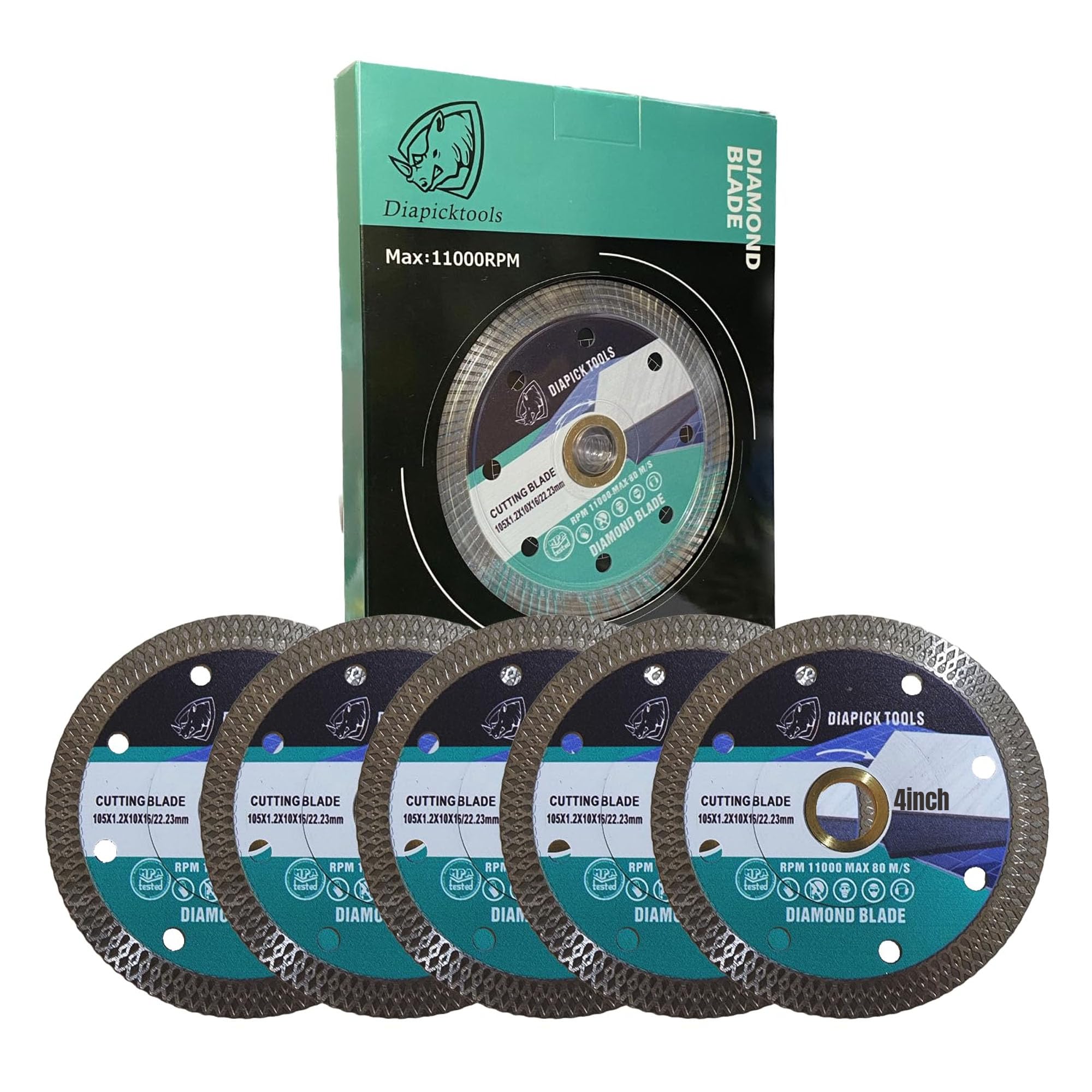 DIAPICKTOOLS 5PCS 4inch Diamond Thin Turbo Blade Saw Cutting Disc for Porcelain Ceramic Tile Stone Granite Marble 7/8" Arbor Reinforced Type Include 5
