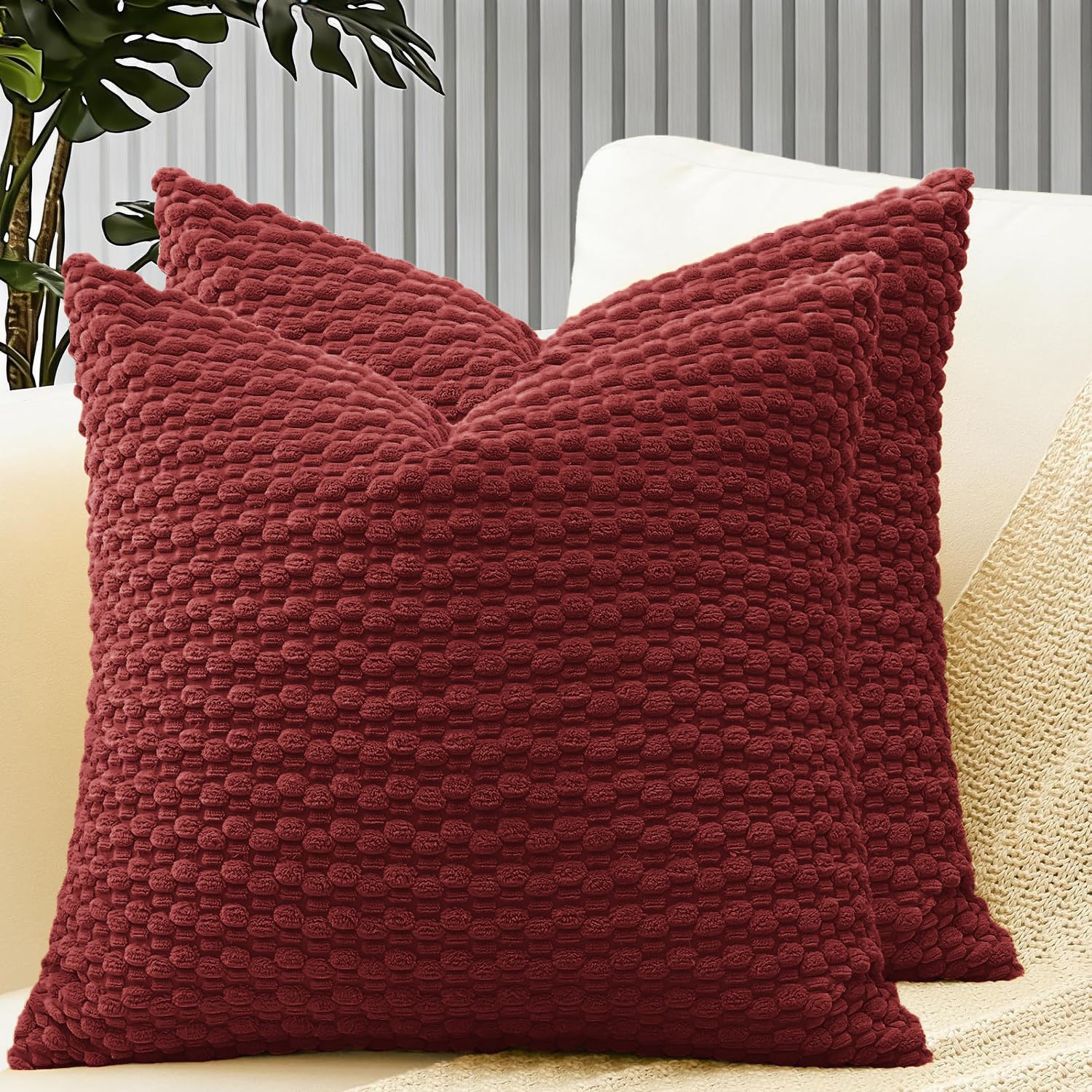 HOMTRYLIC Cushion Covers 60x60 cm Set of 2 Soft Corduroy Decorative Throw Pillows Covers Boho Pillow Cases Farmhouse Pillowcases for Sofa Bed Couch Home Decor, Wine Red