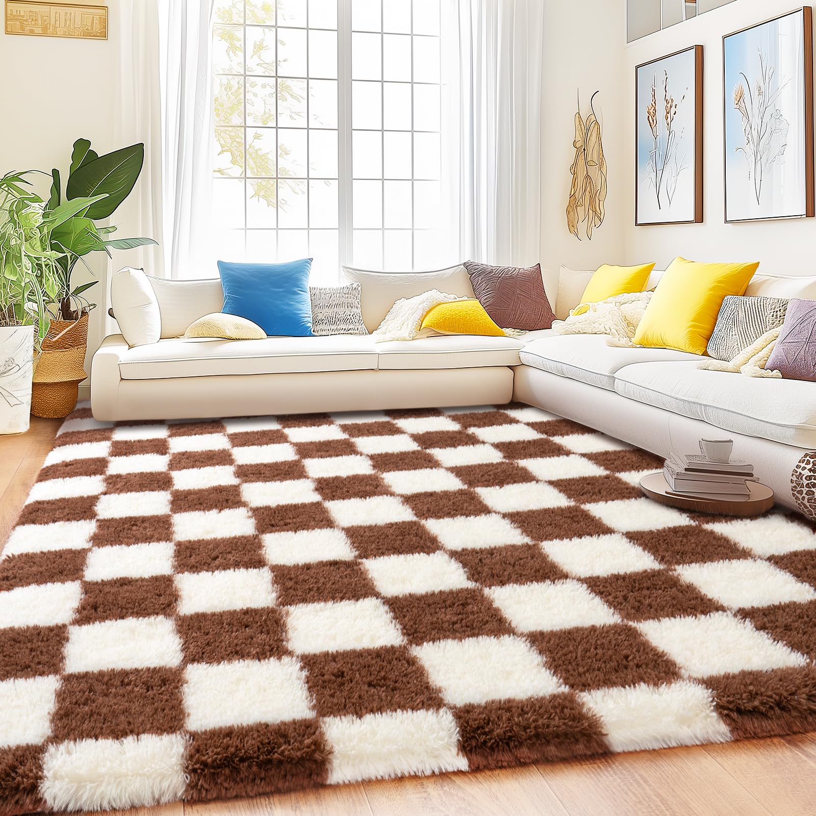 Quntue Checkered Rug 9x12 for Living Room, Ultra Fluffy Fuzzy Shag Large Area Rug for Bedroom, Modern Plush Soft Upgrade Non-Slip Carpet for Kids Girls and Boys Room Dorm Home Decor, Cream and Coffee โ image 1