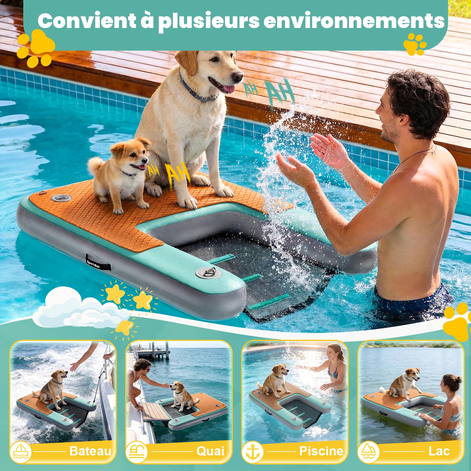 Rampa Gonfiabile per Cani 120 x 100 cm, Resistente agli Strappi e Durevole, Adatta a Cani Fino a 100kg, Ideale per l'Estate, la Piscina, le Barche, i Pontili e i Laghi