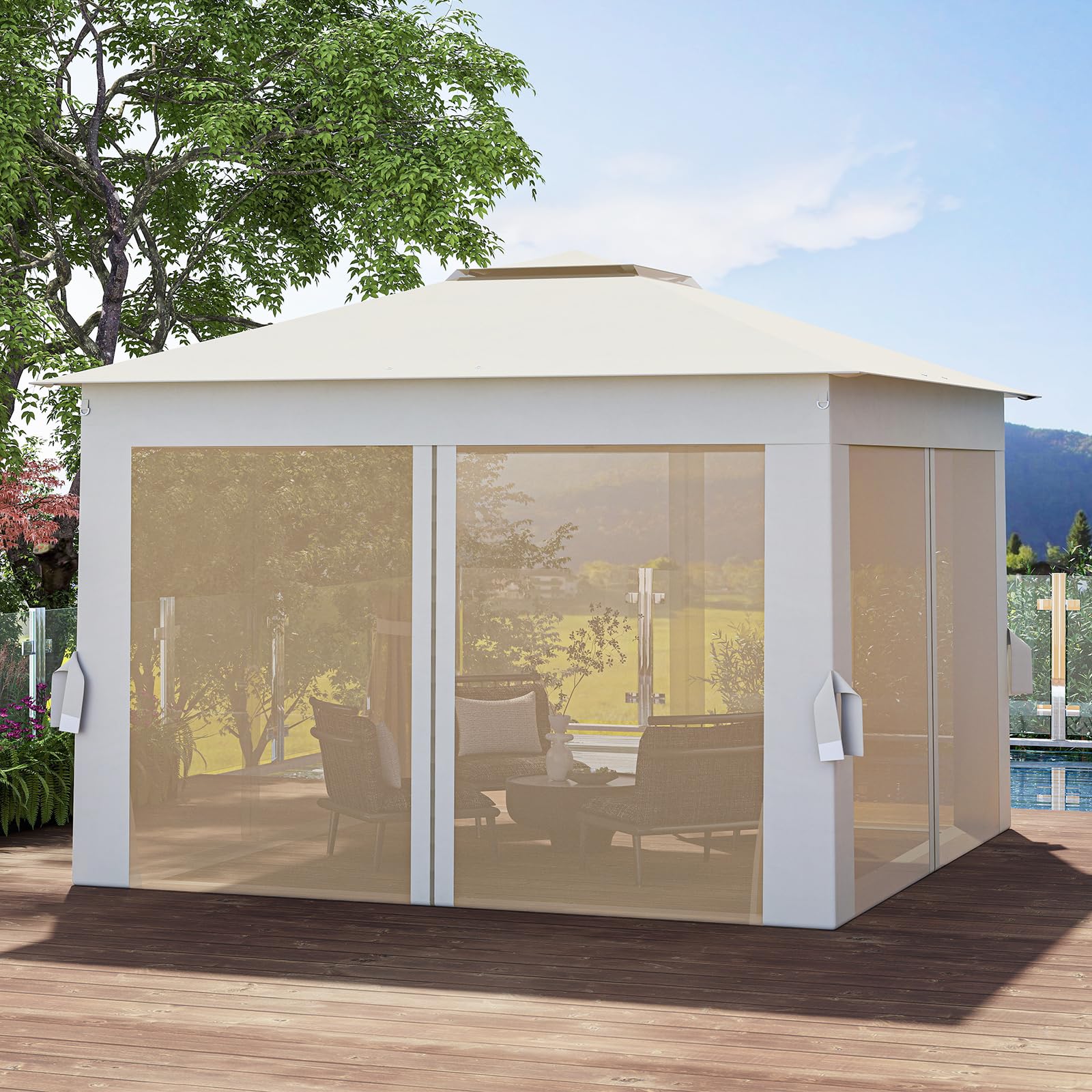 RELAX4LIFE Tonnelle Pliante 3x3 avec Moustiquaires, Toit Ventilé Argenté, Protection Solaire, Sac Inclus, Beige