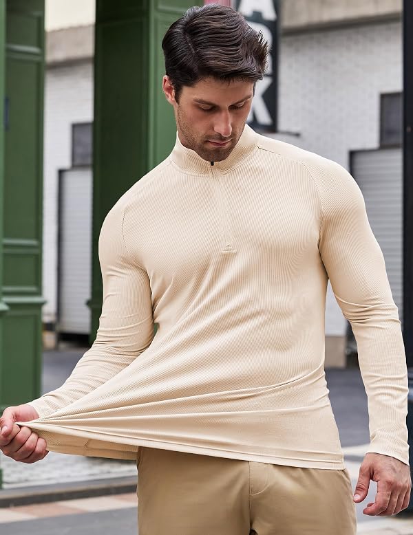 JMIERR Men Quarter Zip Pullover Muscle Fit Ribbed Gym Shirt, Parchment, 3XL by JMIERR - Used condition - Image 4