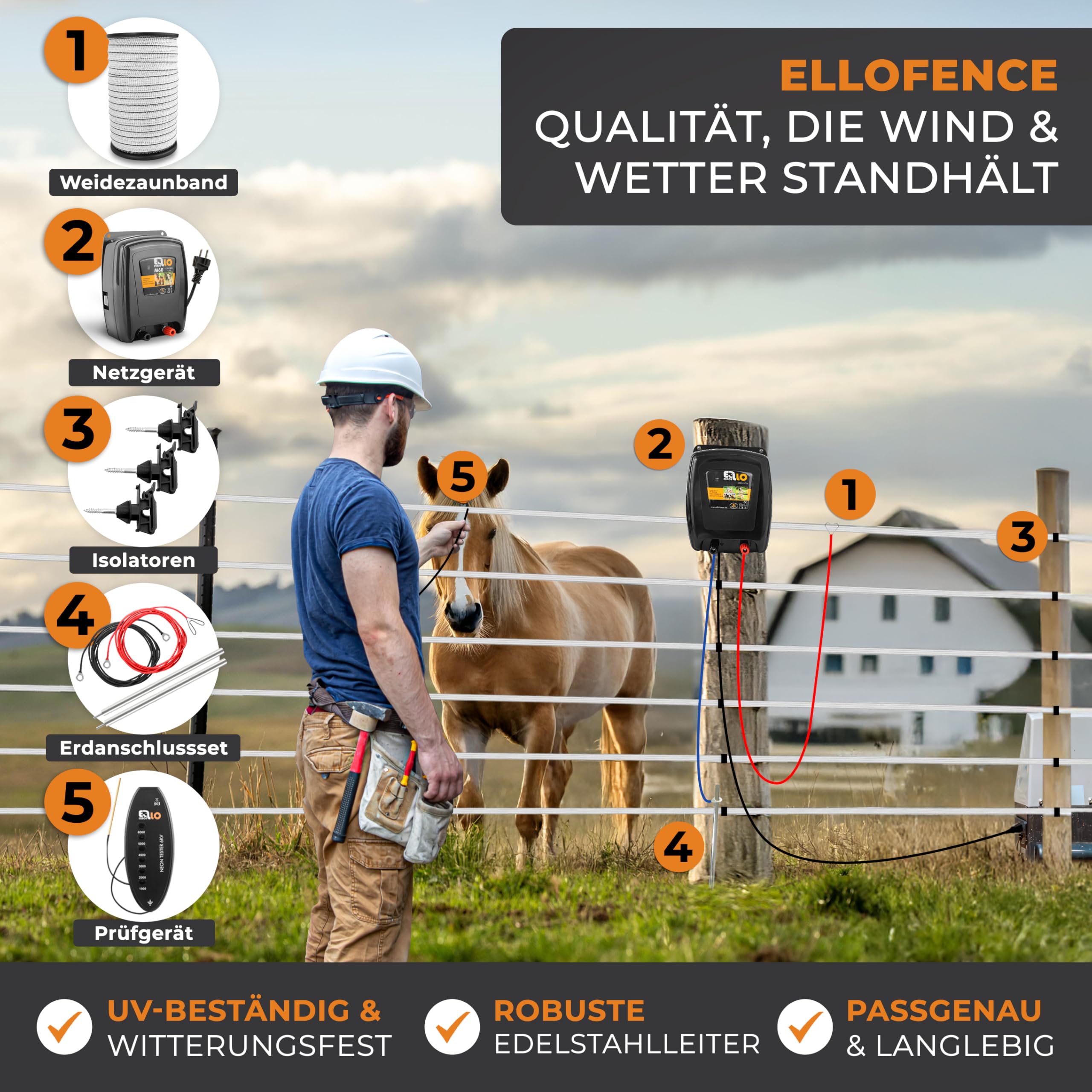 Weidezaun Set für Pferde | 230V Komplettset mit 200m Weideband | Für einen zuverlässigen Pferdezaun | Inklusive Weidezaungerät 230V, Erdung, Isolatoren und LED Zaunprüfer