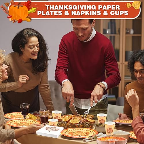 Miniatura 8 de Juego de 200 platos y tazas de papel de hojas de otoño para suministros y decoraciones de fiesta de Acción de Gracias de 50 a 10 pulgadas
