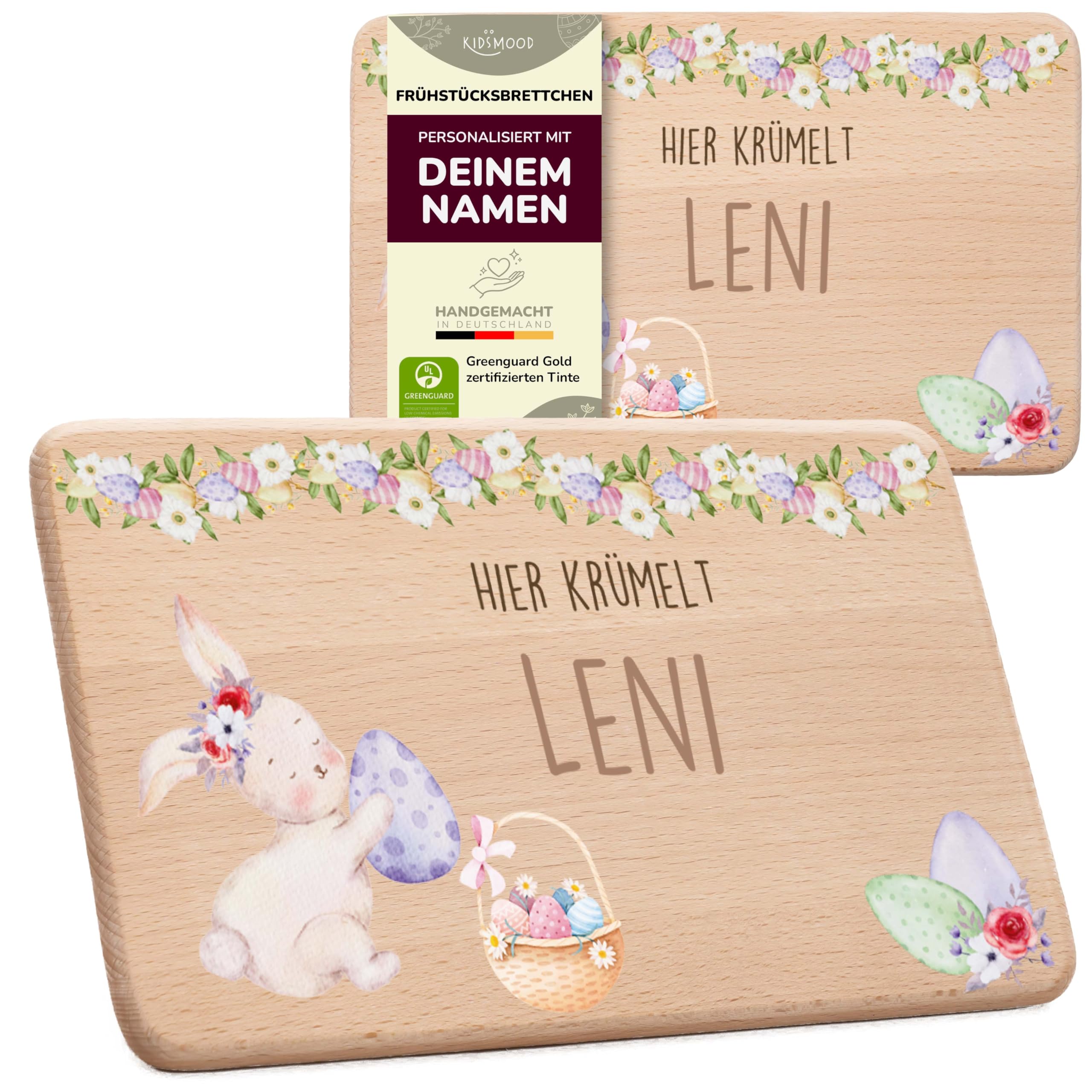 Kidsmood Oster-Frühstücksbrettchen mit Namen – Schneidebrett Holz & Handgraviert für Osterfrühstück mit Zauberhaftem Blütenhase mit Osterei – Personalisiertes Ostergeschenk für Kinder & Familie