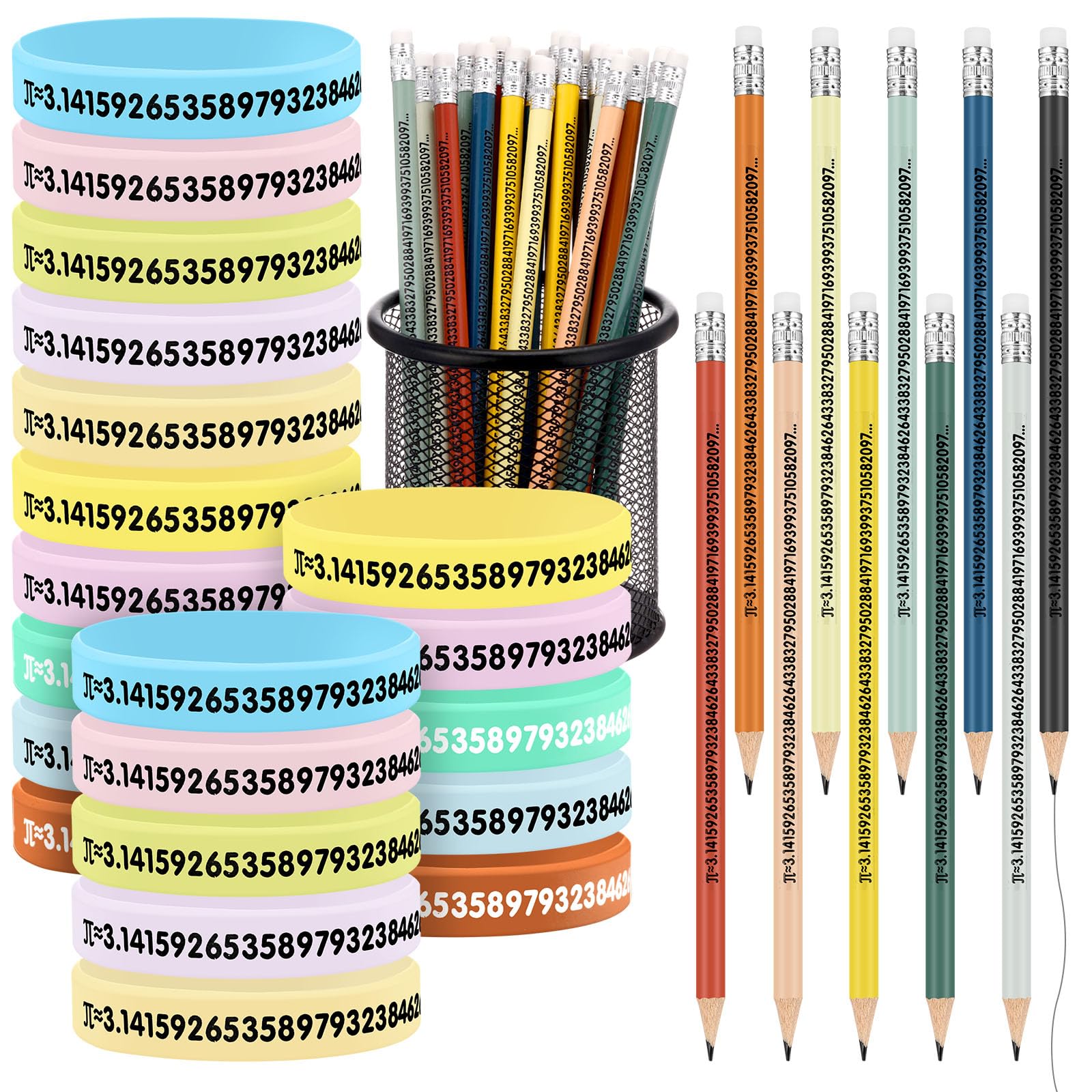 Roowest 40 Pcs Class Gift for Math Teacher Student Pi Gift 20 Colorful Pencil Black Ink with Pi Wristbands 3.14 Fun Symbol Rubber Bracelet for Math