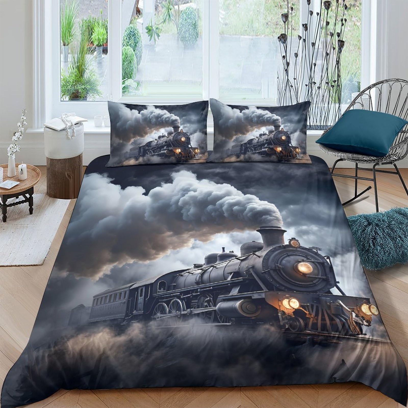 Ctjqhvkz Style-6 3D Printed Steam Train Fitted Sheet Microfiber Smoke Night Bed Cover For Bedroom Decor Mattress Protection Single（135X200cm）