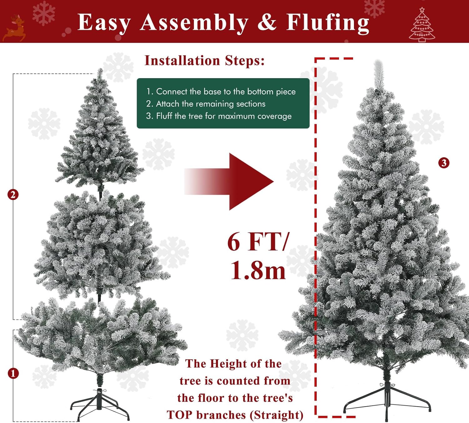 Christmas Tree, 6Ft/1.8M Artificial Christmas Trees with Lights, Snow Flocked Xmas Tree with Foldable Stand Hinged for Home Indoor Decor