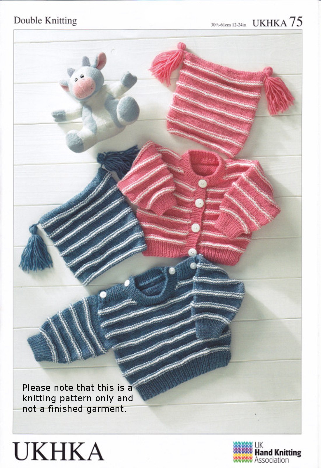 UKHKA Baby Double Knitting DK Pattern 75 Striped Sweater Cardigan & Tassel Hat