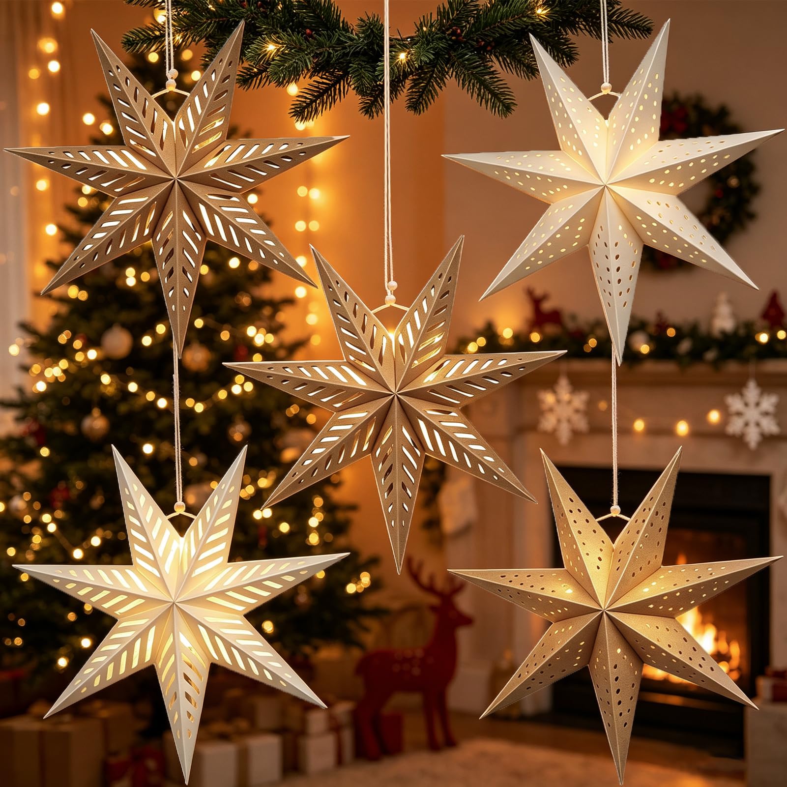 SUNBEAUTY Paper Star Lanterns, 7-Point Hanging Stars, Neutral Tones, Christmas Holiday Decor, Set of 5