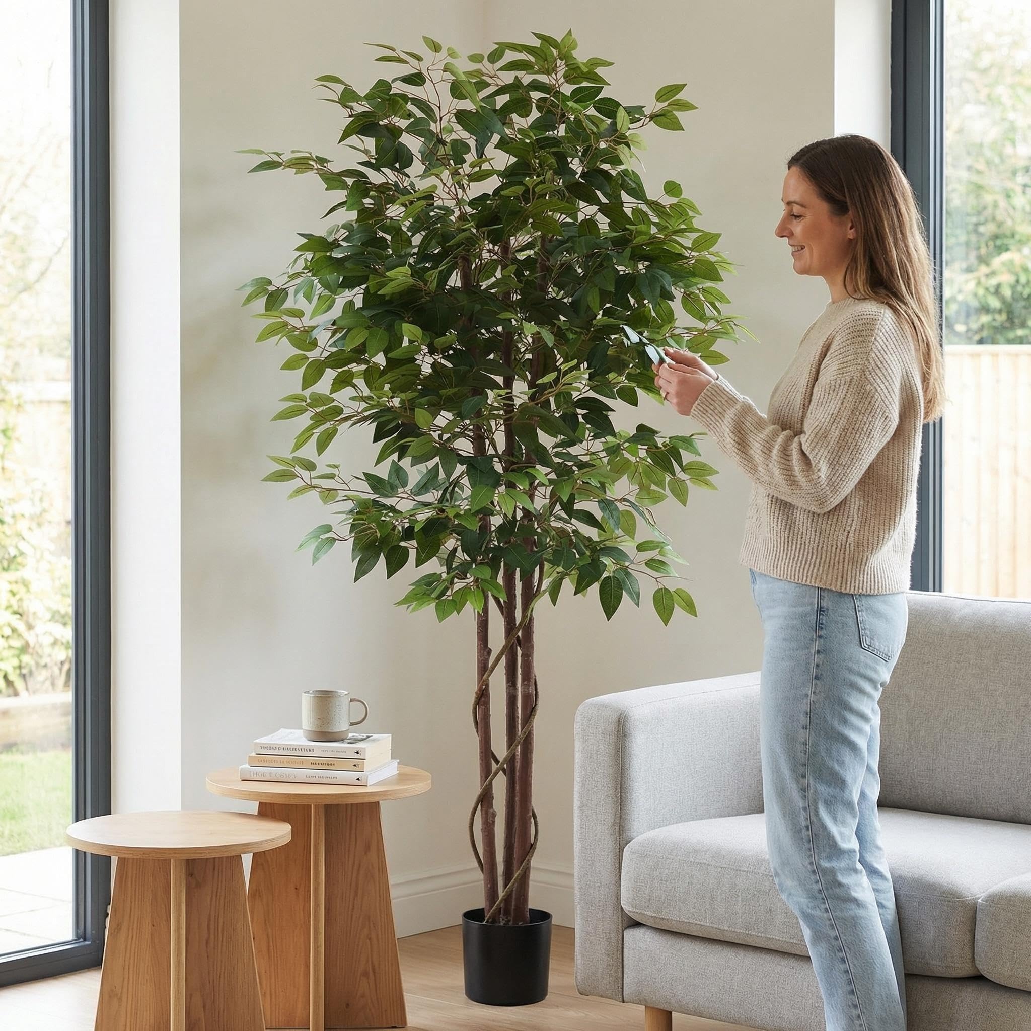 Panana Green Artificial Plants,6ft Ficus Artificial Tree,Fake 180cm Tall Plant Indoor Outdoor with Natural Wood Trunk,Faux Tree for Home Office Indoor Decor (Ficus Tree / 1 Pack)