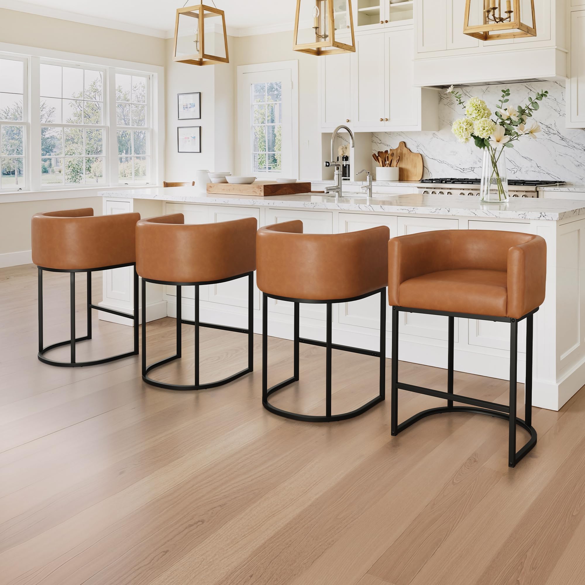 LUE BONA 27" H Counter Height Bar Stools Set of 4, Modern Barrel Counter Stools with Backrest and Arms, Black Metal Frames,Faux Leather Upholstered Accent Barstools for Kitchen Island,Yellowish Brown