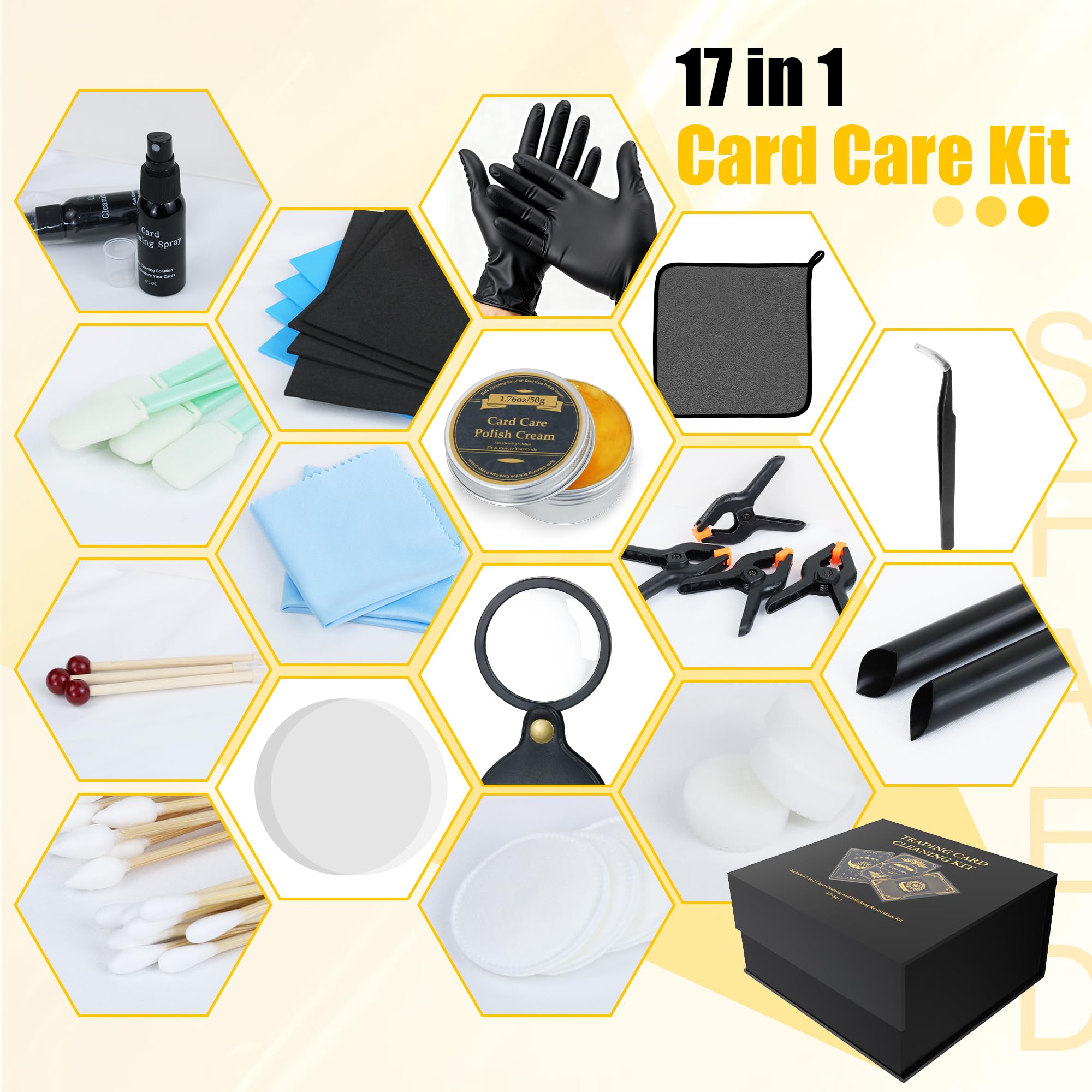 SFAED Card Care Clean Kit,17-in-1 Card Cleaning and Polishing Restoration Kit, Trading Card Cleaning Box with Cleaning Spray and Balck Nitrile Gloves, Suitable for Surface Card Care&Flatten Edges, 7.2″ in use