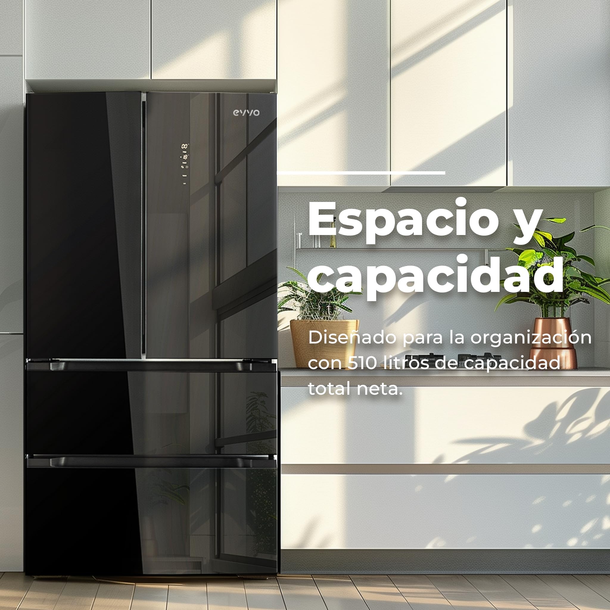 EVVO Frigorífico francés F80B Glass, 327l + 183l, Motor Inverter, Puerta de cristal, Total No Frost, Multi Air Flow, Freon Free, Negro (F80B Glass V2)