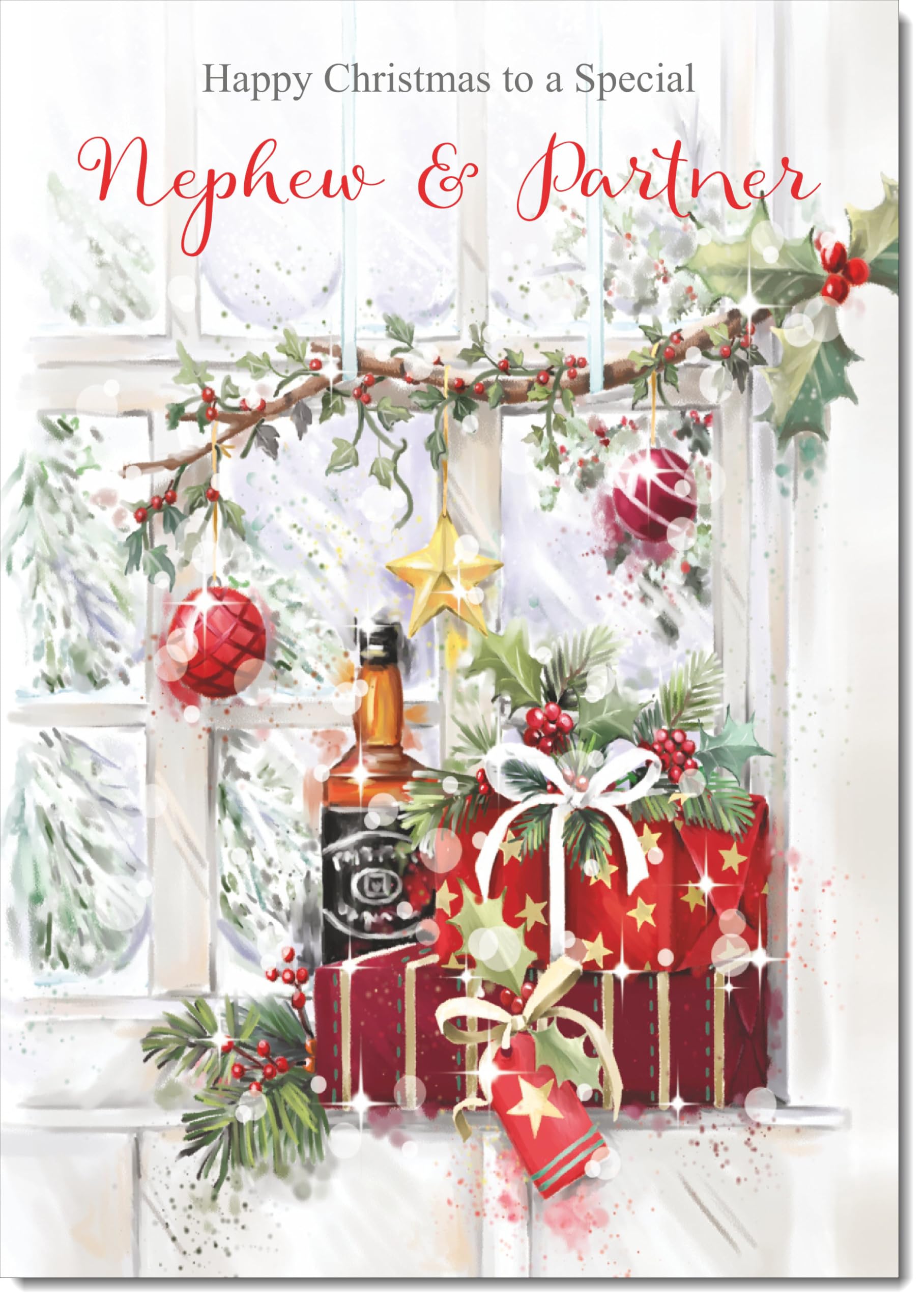 doodlecards Nephew and Partner Christmas Card Wine and Parcels Large A4 Size Christmas Card for Nephew & Partner with Plain Envelope — image 1