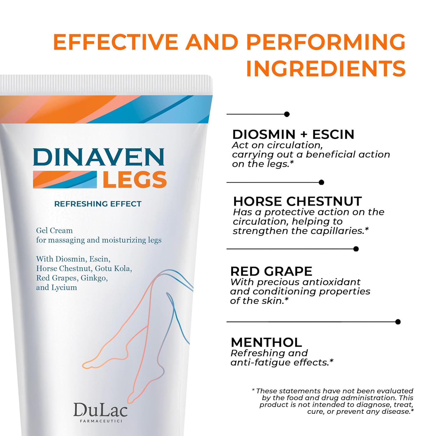 Dulac, Dinaven Legs Gel Cream, Cooling & Refreshing, with Diosmin & Menthol, Horse Chestnut Extract, Butcher's Broom & Red Vine, Fast-Absorbing, Non-Greasy, Daily Leg Care, 6.76 fl oz, Made in Italy