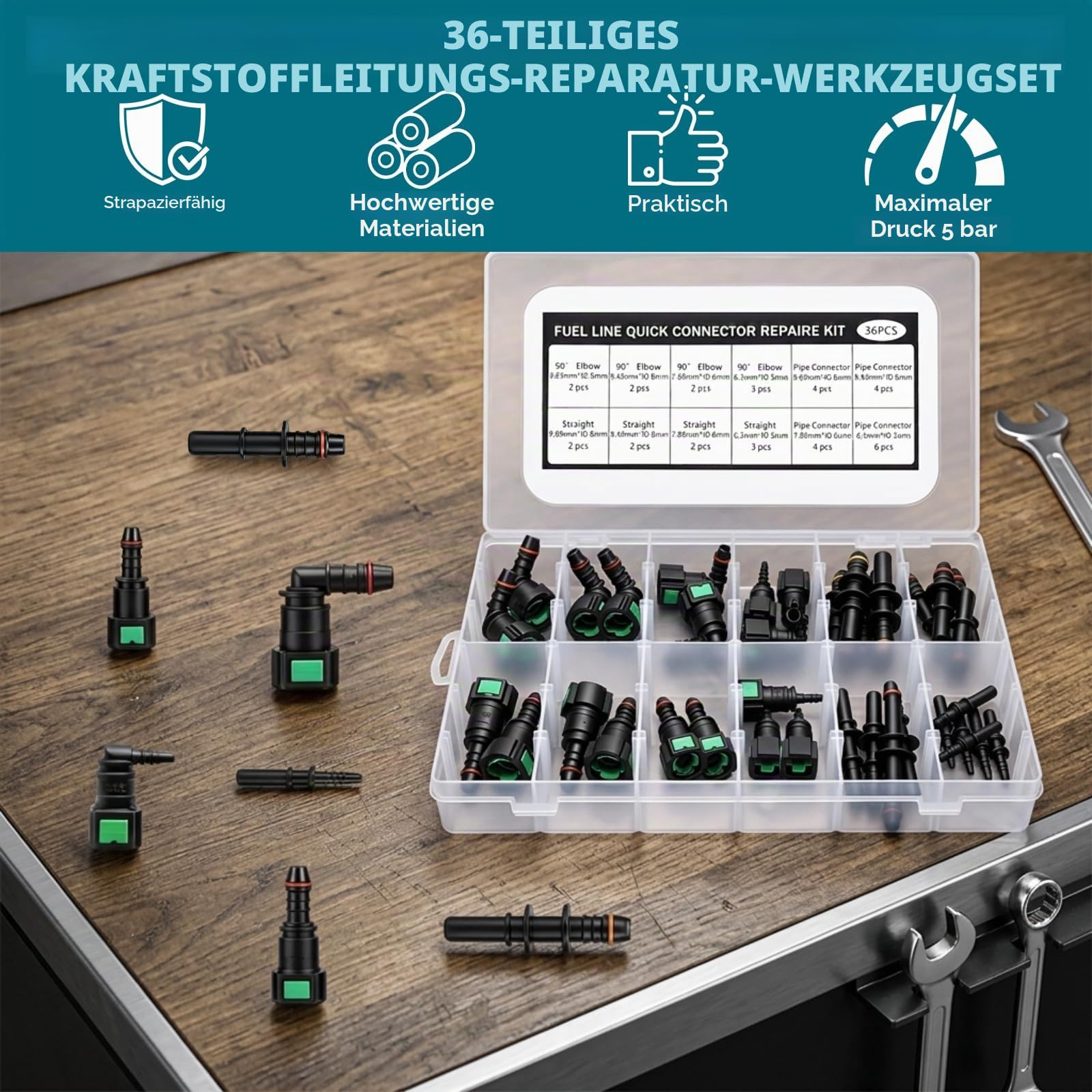 Kraftstoffleitung Reparaturset & Benzinleitung Set, Schnellverschluss Kraftstoffleitungsverbinder für Auto, Motorrad, Boot – Benzinschlauch Set mit SAE 9.89/9.49/7.89/6.3mm, gerade & 90° Winkel