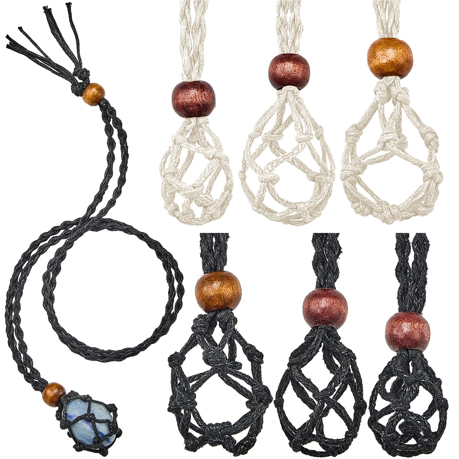 Hicarer 6 Pieces D20 Necklace Cord Empty Stone Holder Empty Necklace Holder Quartz Crystal Stone Cord, 3 Sizes Adjustable Cage Fish Netted for DIY