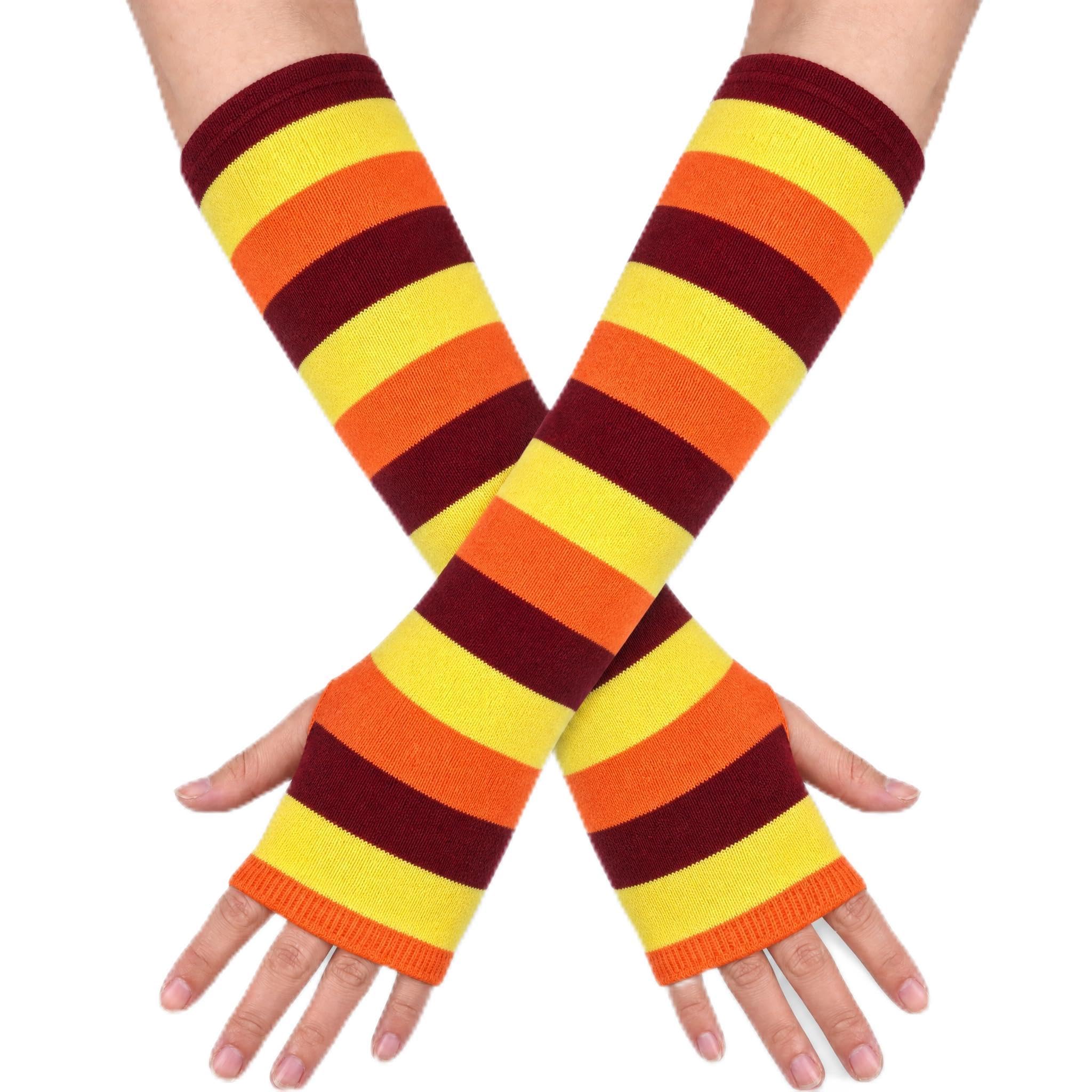 Leryavow Striped Punk Gothic Rock Long Arm Warmer Fingerless Gloves K Brown Yellow