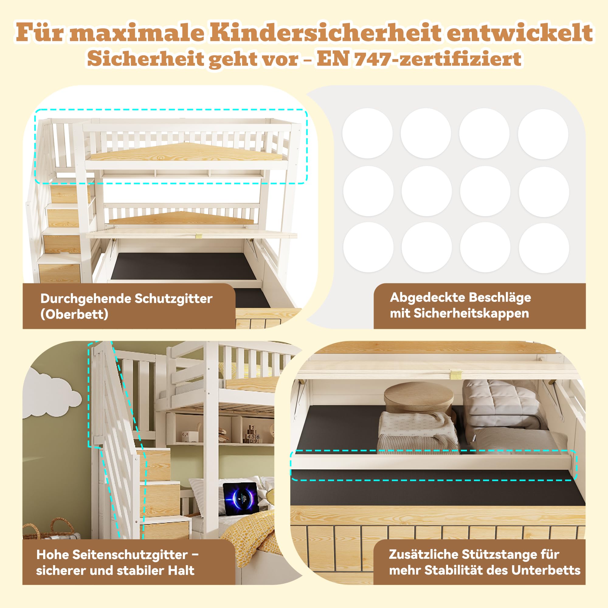 Merax Kinder Holz Etagenbett 90x200 & 140x200 cm mit Treppenschrank, hydraulischem Stauraum & USB-C Ladestation, Familienbett Hochbett mit Sicherheitsgeländer, Weiß Natur