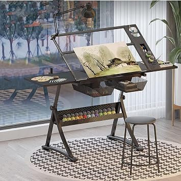 Drawing Table Height Adjustable Drafting Table, Tiltable Glass Panel Drawing Desk, Draft/Art/Craft/Drawing Desk with 2 Storage Drawers,1 Stool, Design Sketching Painting Work Station