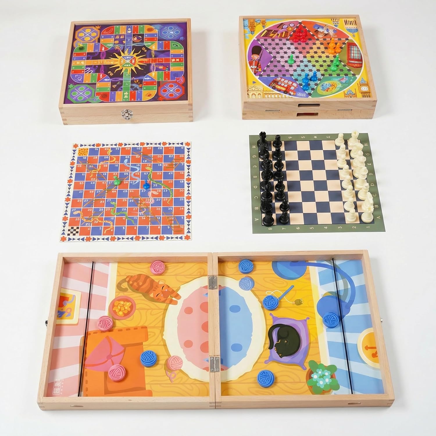 5-in-1 Wooden Board Games for Kids & Adults, Premium Beech Wood Frame Family Game Center with Fast Sling Puck, Detachable Flat Chess Board, Chinese Checkers, Ludo & Snakes and Ladders