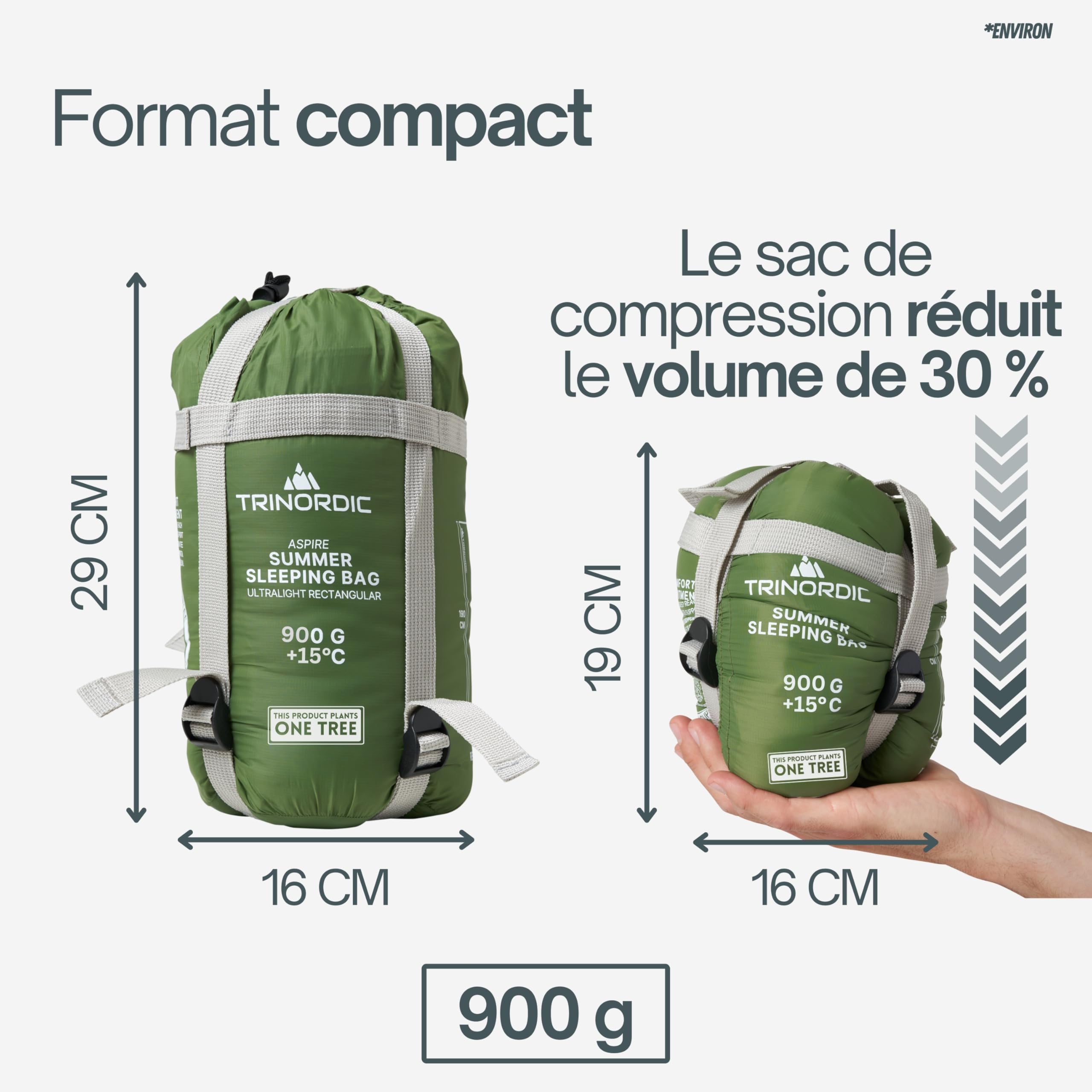 Trinordic Sac de Couchage Léger – 900g, Extra Long avec Fermeture Éclair Anti-Blocage – Sac de Couchage Adulte d'Été, Compact et Ultraléger pour la Randonnée, Les Aventures à Vélo