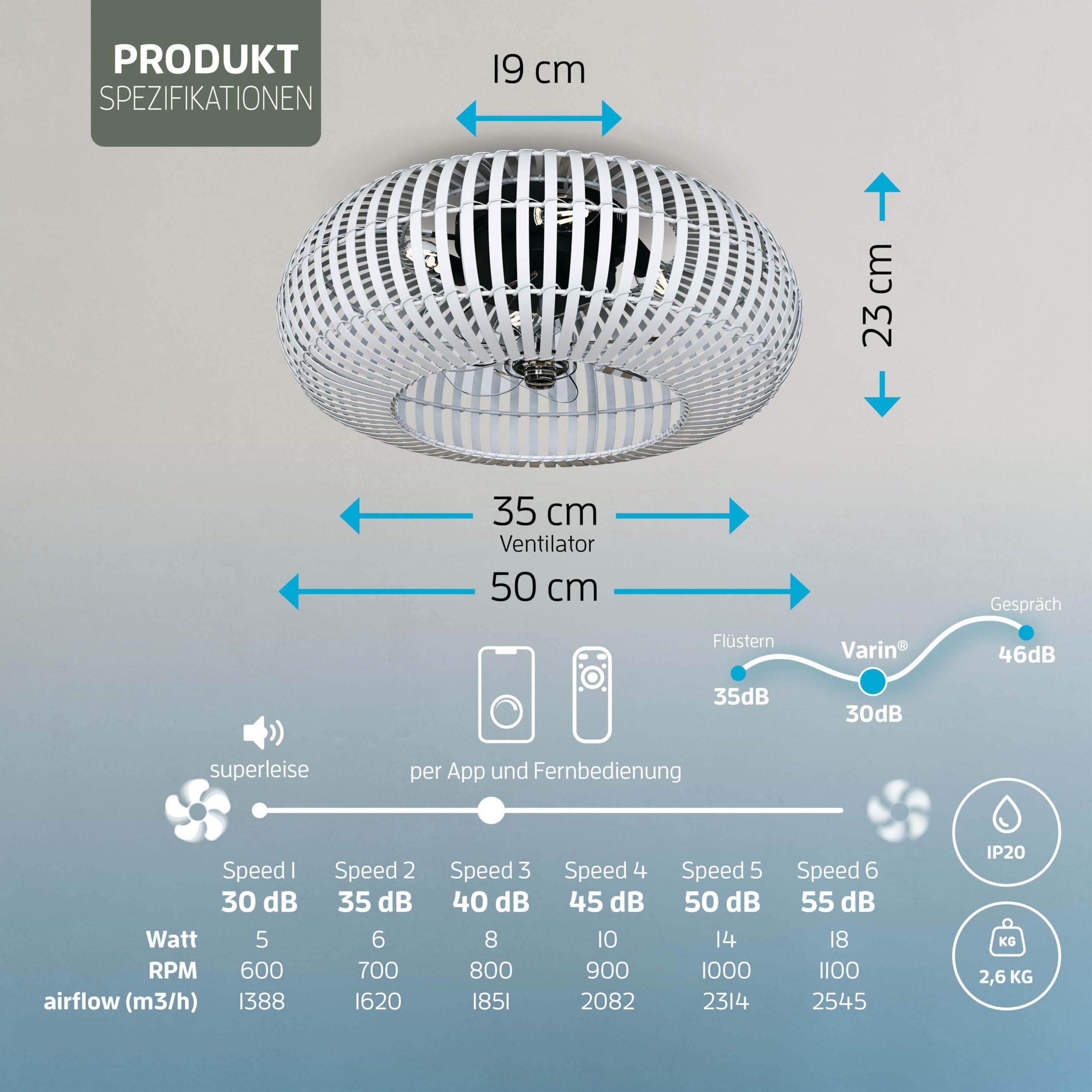 Varin® Smart Deckenventilator mit Beleuchtung, Ø 50cm - Bambus Weiß | Ventilator Lampe Decke mit 4x E27 Fassungen (ohne Leuchtmittel), Tuya WLAN, Deckenleuchte mit Ventilator, Fernbedienung