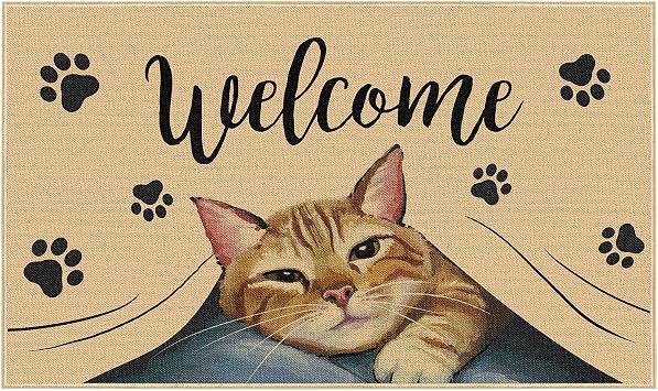 Heyfibro Welcome Cat Door Mat, Pet Footprint Non Slip Entrance Floor Mat, Family Decor, 29 x 17 Inch Rubber Kitchen Doormat for Indoor Outdoor Holiday Decoration