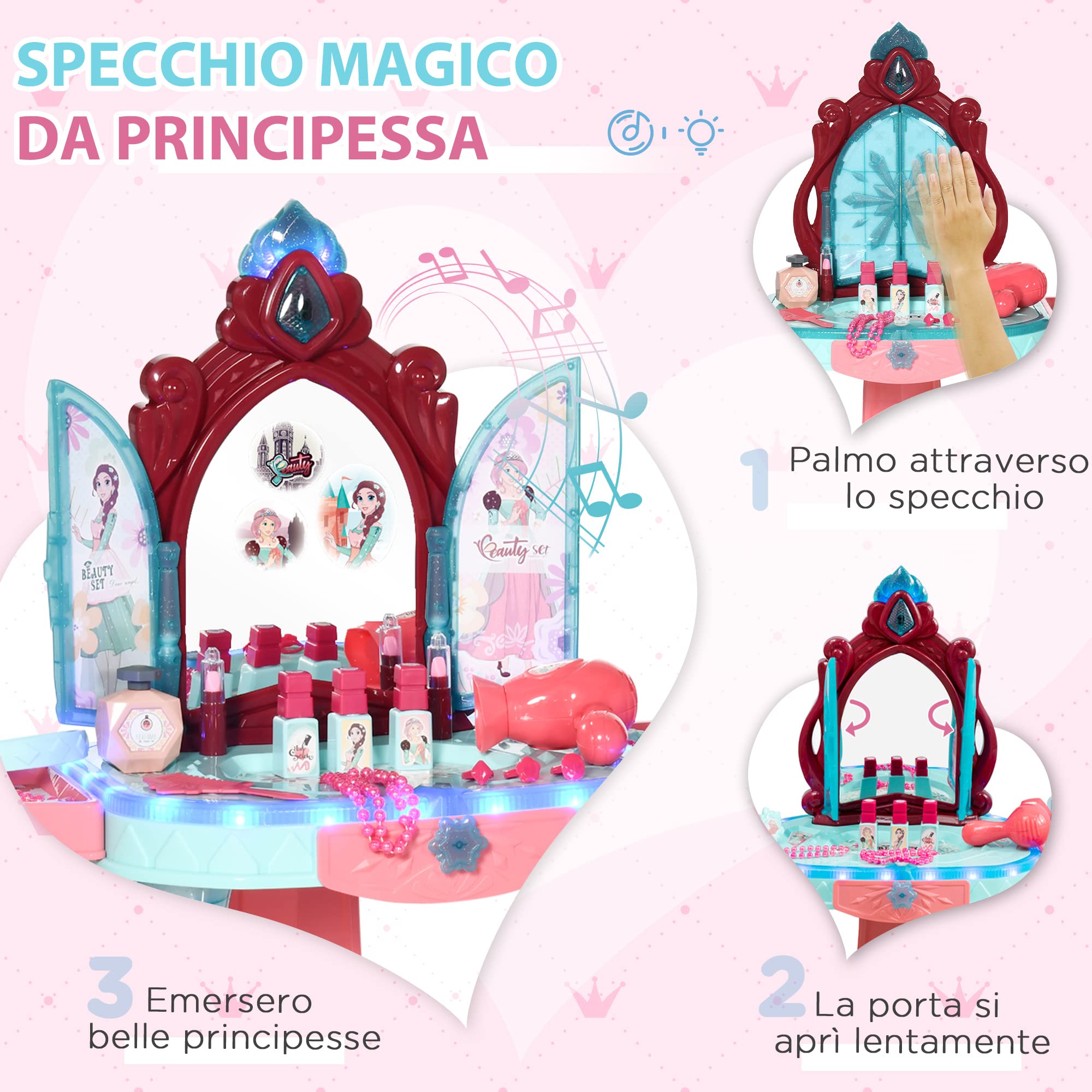 AIYAPLAY Set Tavolo Toeletta con Sgabello per Bambini da 3-6 Anni, Postazione Trucco Bambina con Luci e Musica, 31 Accessori di Bellezza Inclusi