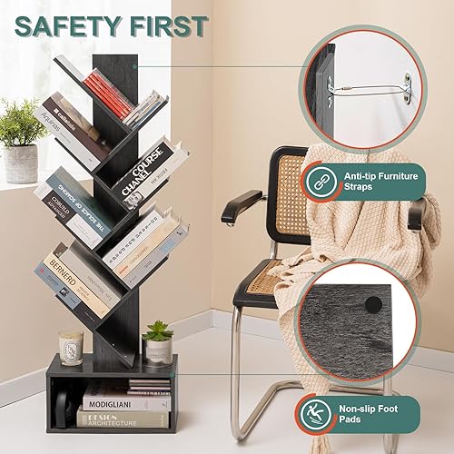 Miniatura 5 de Yoobure - Estantería de árbol de 6 estantes, estantería retro de pie, estante alto de madera para almacenamiento de libros para CDPelículas,