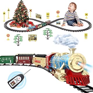 JUQU Train Set for Boys with Remote Control-USB Charging Electric Train Toy-Christmas Tree Train-Steam Locomotive Engine with Lights & Sound-Cargo Car and Tracks, Gift Toys for Age 3 4 5 6 7 8+Kids