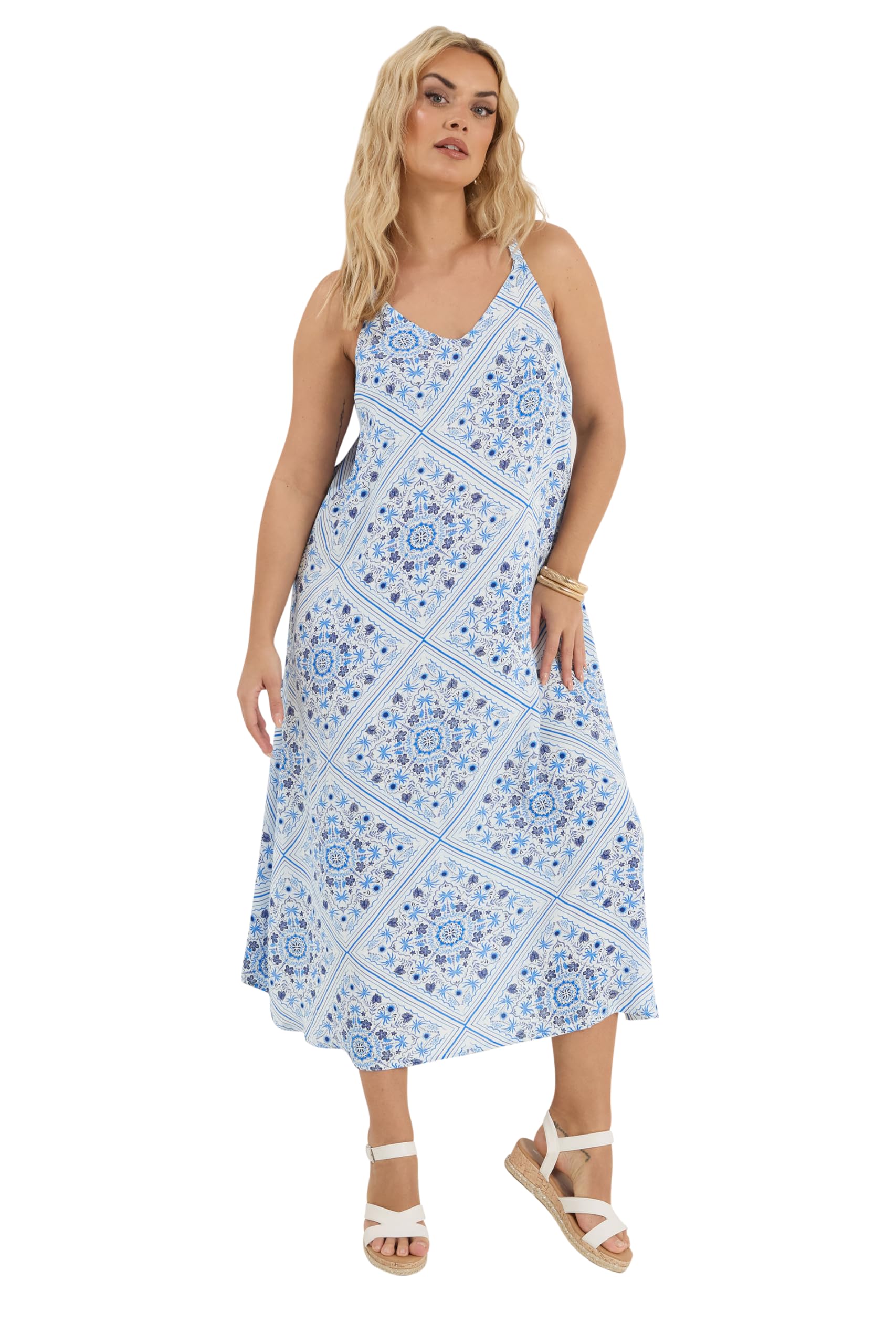 Yours Women's Blue Curve Tile Print Throw On Maxi Dress - Plus Size Curve