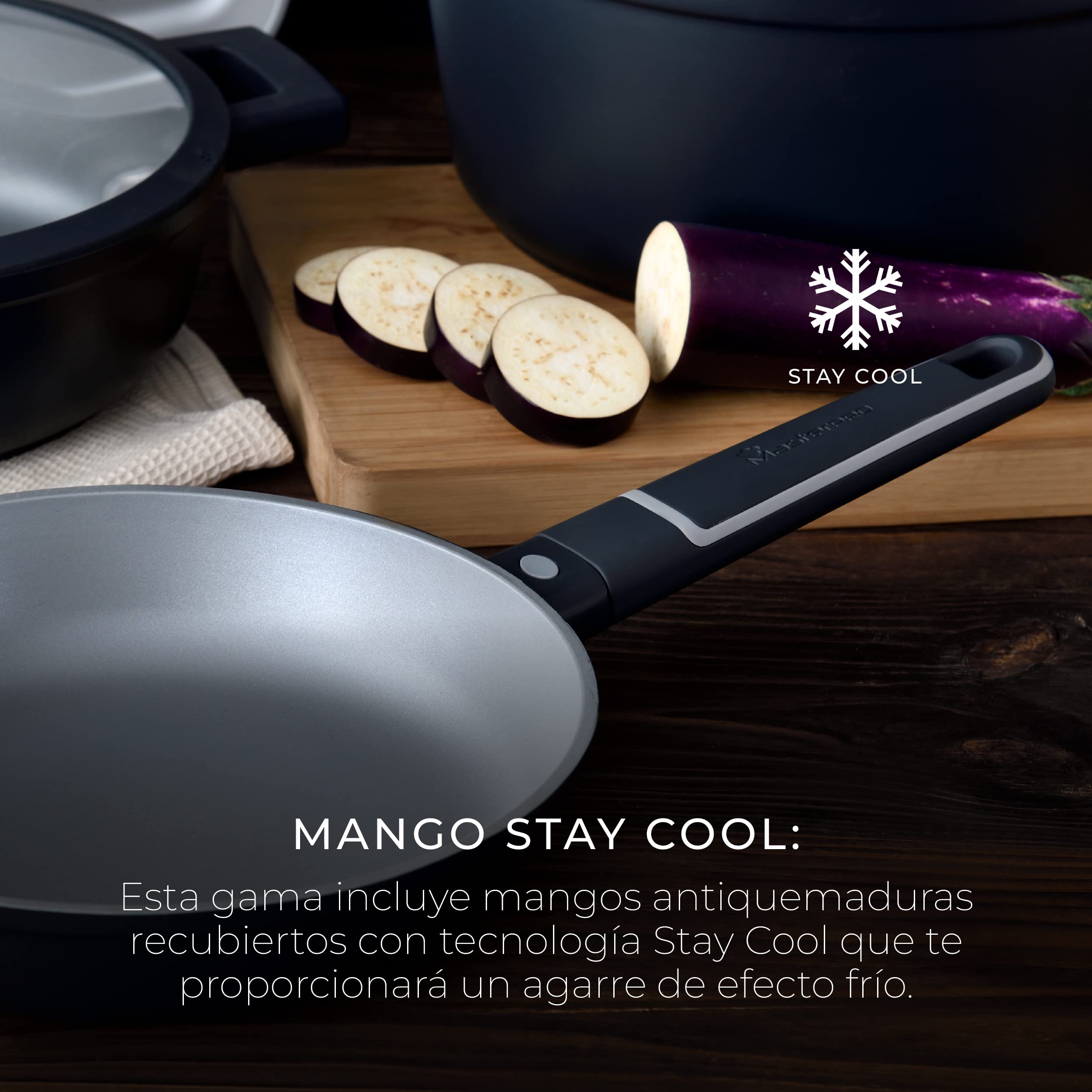 MasterPRO Indigo Sartenes Antiadherentes de 20 24 y 28 cm de Diámetro 5; 5,5 y 6 cm de Altura Fabricadas de Aluminio Fundido Revestimiento Xylan Plus Mango Soft Touch Todo Tipo de Cocinas, BGKIT-0052