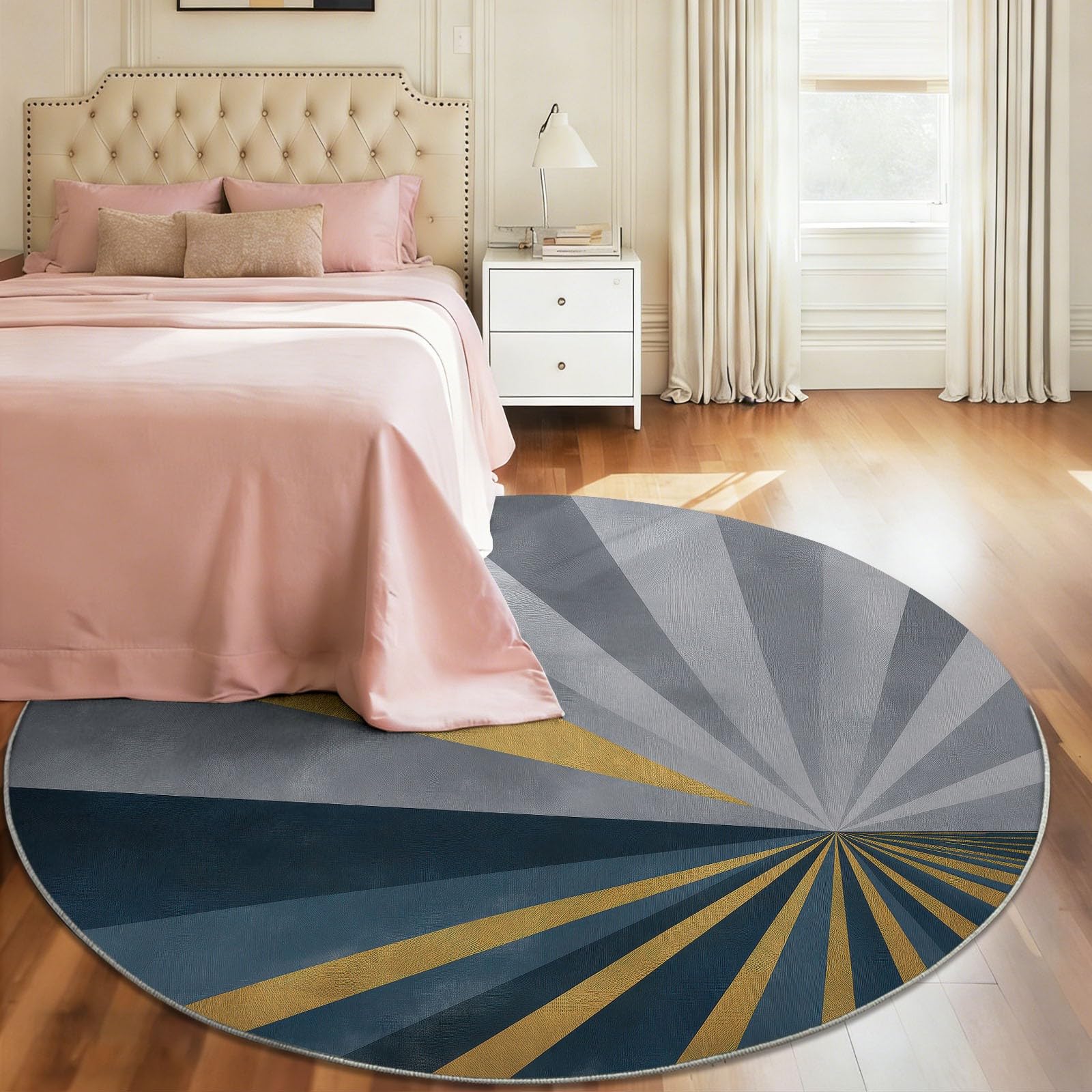 Tappeto rotondo 200 cm geometrico Art Deco Oro Strisce Radiali Patchwork Tappeto Rotondo Morbido Antiscivolo Lavabile Adatto per Camera da Letto Ingresso Sala da Pranzo Dormitorio Familiare