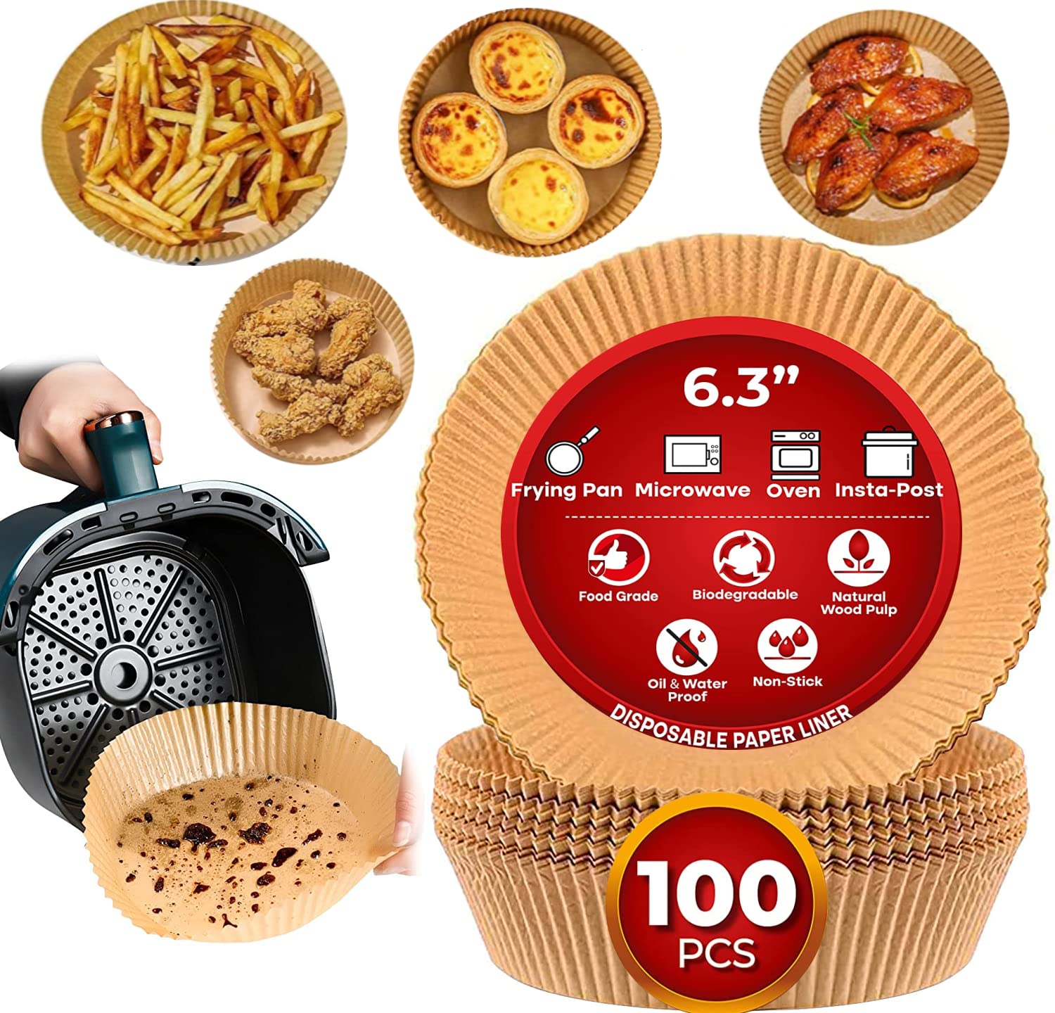 JKT Air Fryer Disposable Paper Liners 100 Pcs, Non-stick Parchment Paper Waterproof, Oil Proof, Non-porous Air Fryer Liners, Round Baking Paper Liner For Microwave, Oven, Steamer, Cooker, Etc...