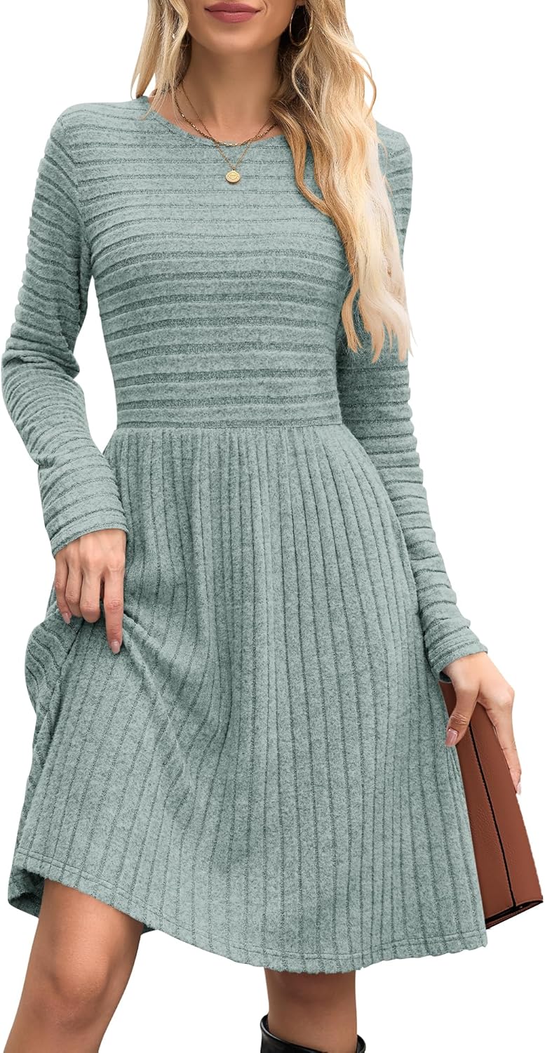 WNEEDU Fall Dresses for Women 2025 Long Sleeve Sweater Dress with Pockets - Casual Knit Crew Neck Winter Outfits