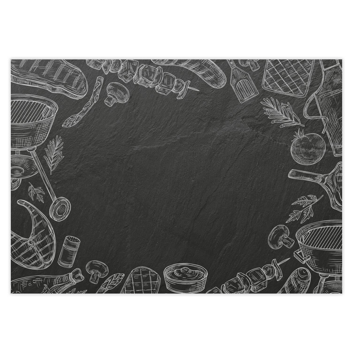 100 manteles individuales con diseño de placa de pizarra, temporada de barbacoa, DIN A3, rectangular, juego de mesa de papel, diseño moderno, mantel individual desechable, negro y blanco, para