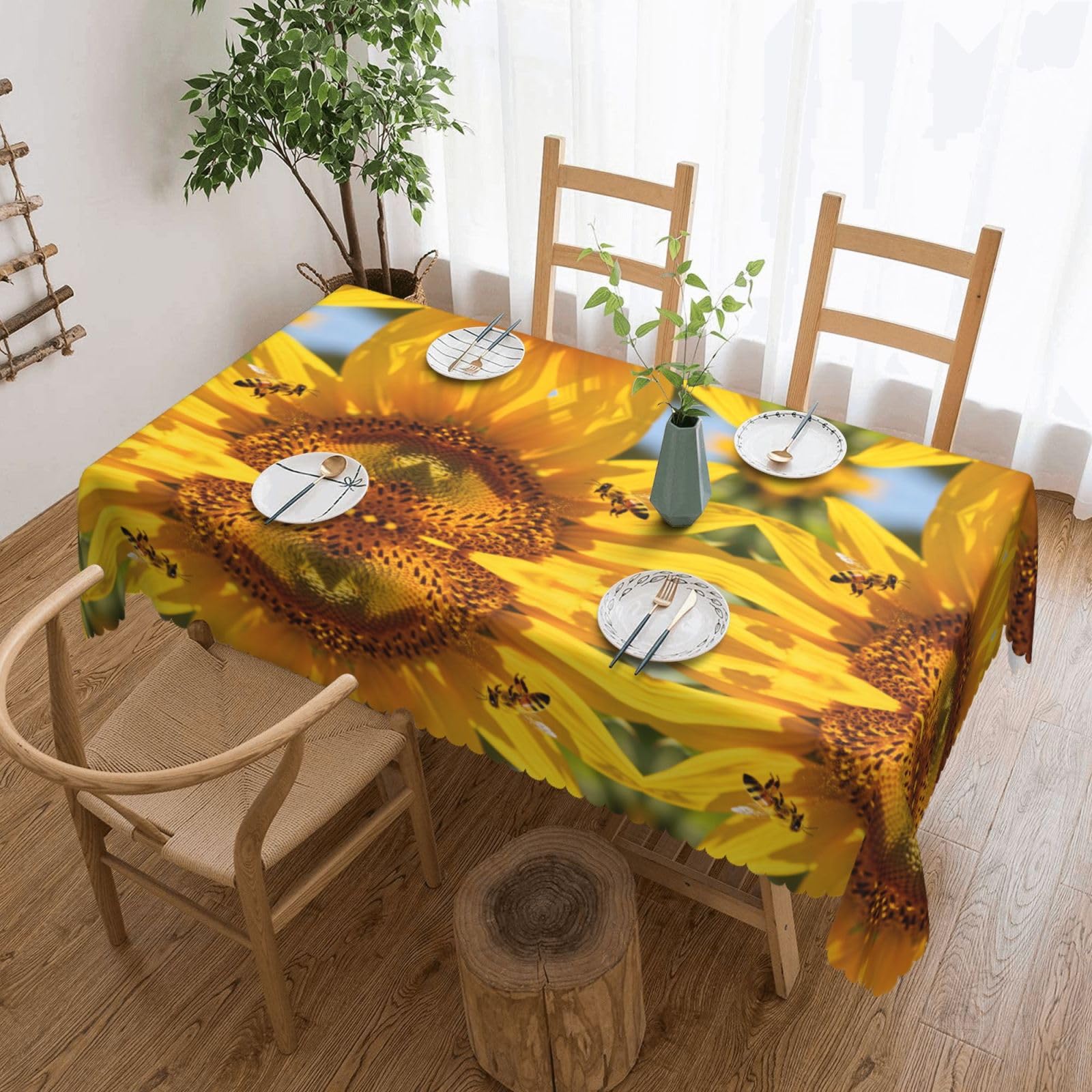 CNTDBU Bees gather nectar Scalloped Edge Tablecloth 54x72-Waterproof Stain Resistant Wrinkle Free Cover, Square Table Cloth for Dining Party